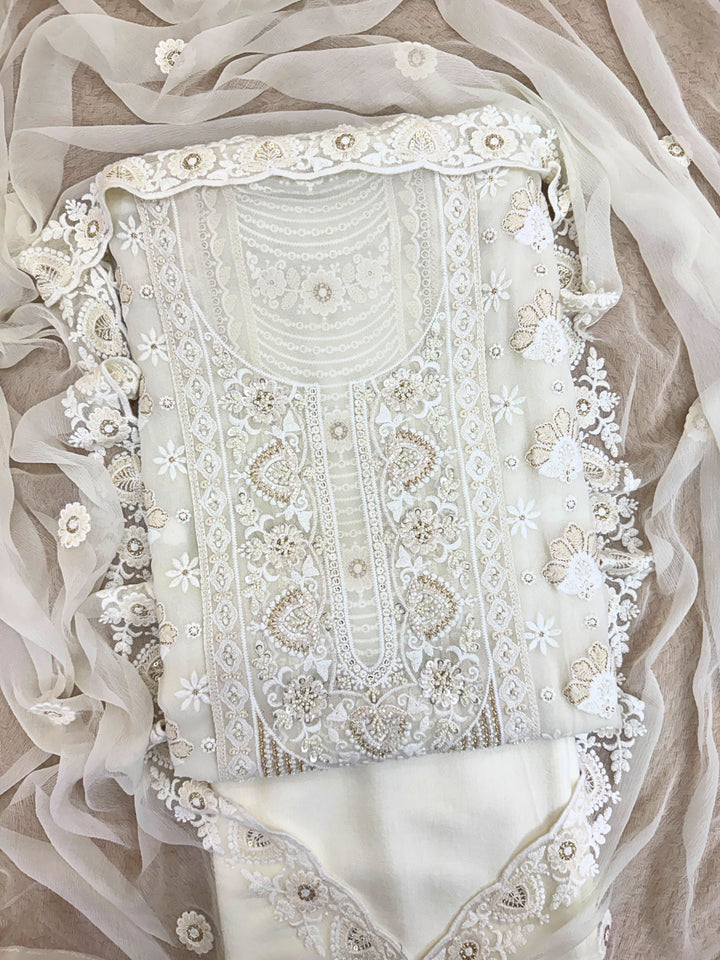 Noor-e-Nazakat: White Thread & Mirror Embroidered Unstitched Suit