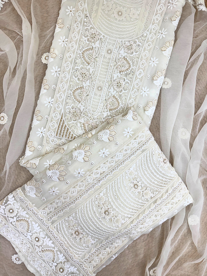 Noor-e-Nazakat: White Thread & Mirror Embroidered Unstitched Suit
