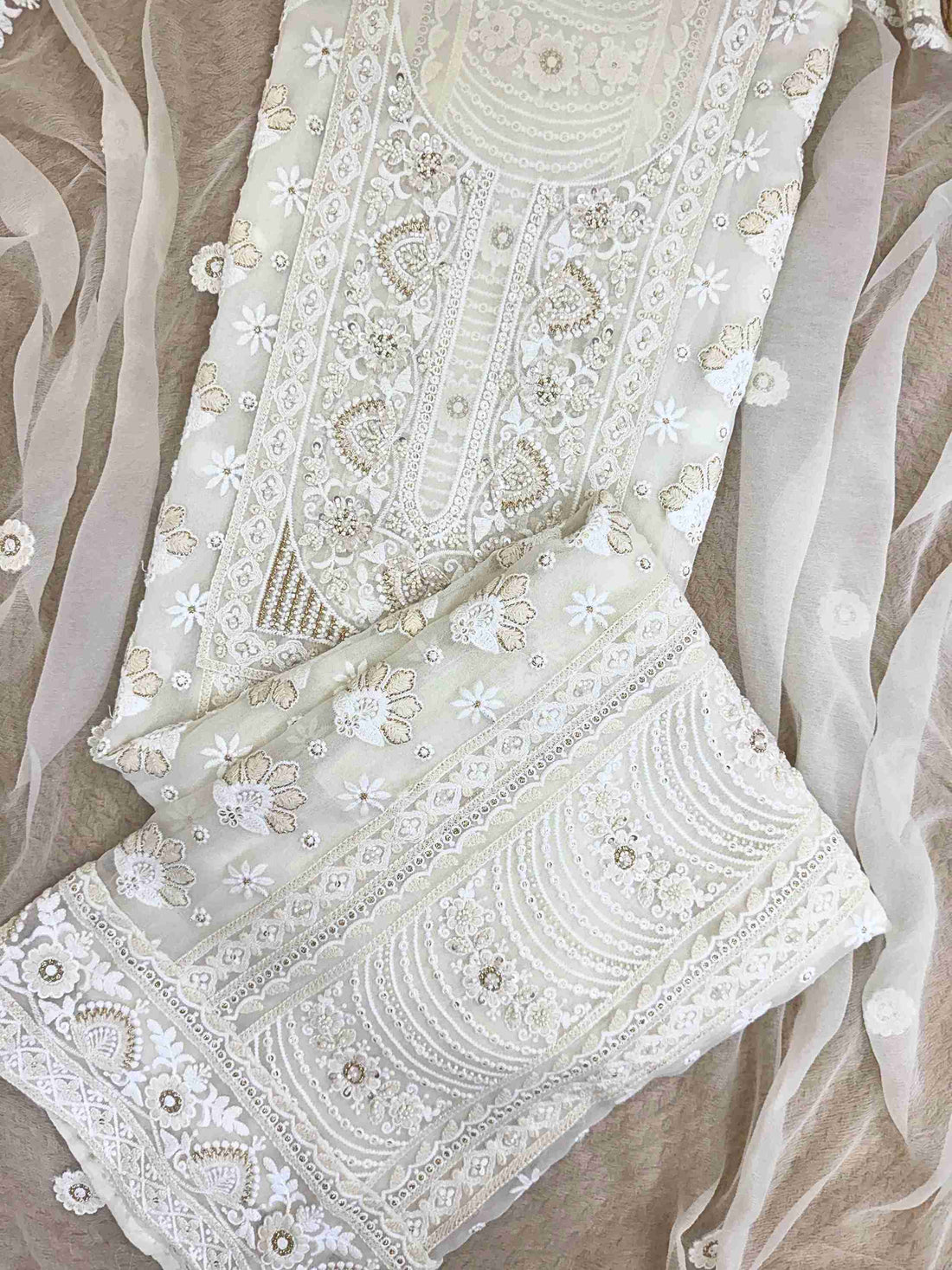 georgette chikankari unstitched suit in white color or women