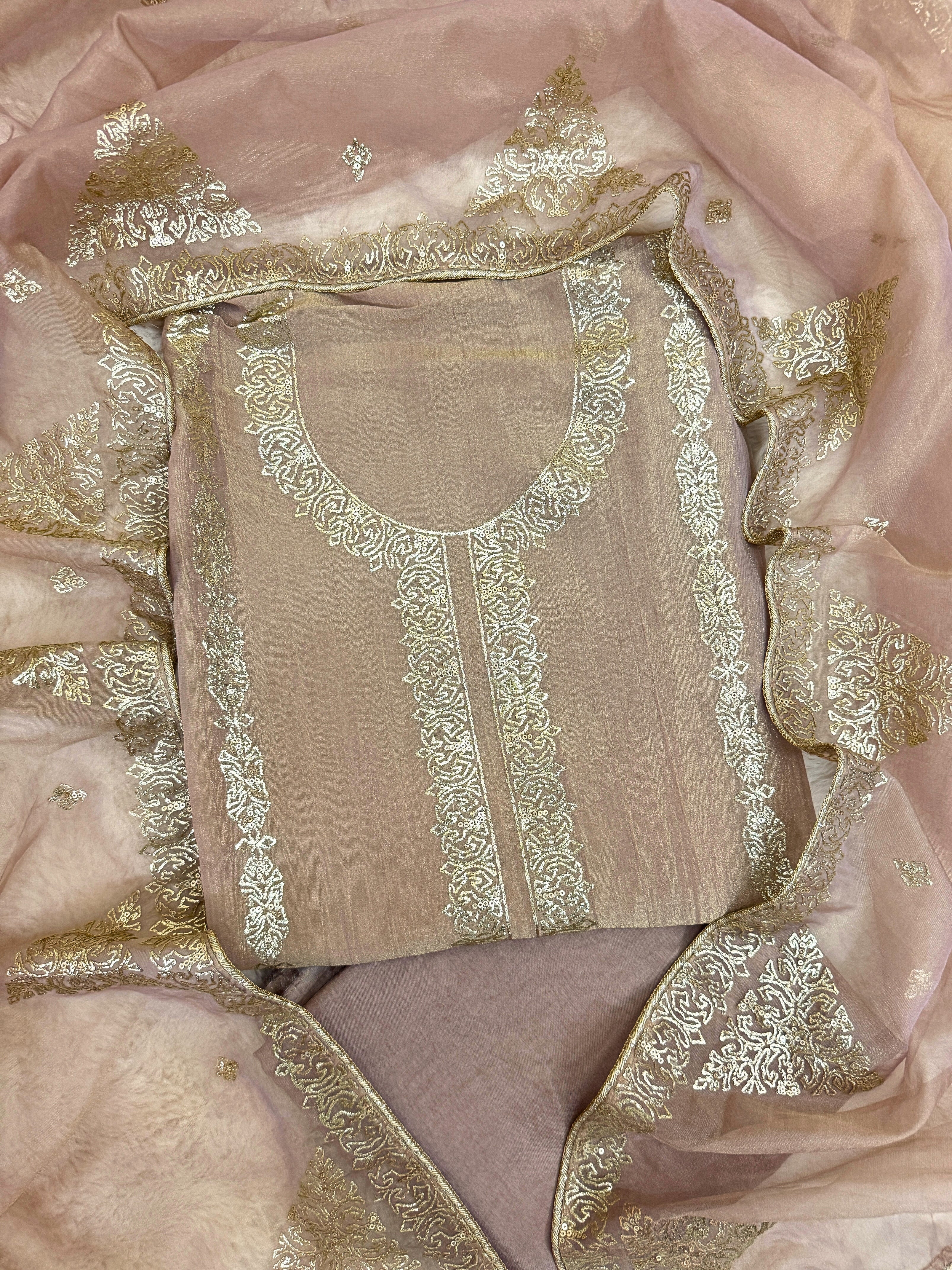 Tissue Unstitched suit with golden embroidery