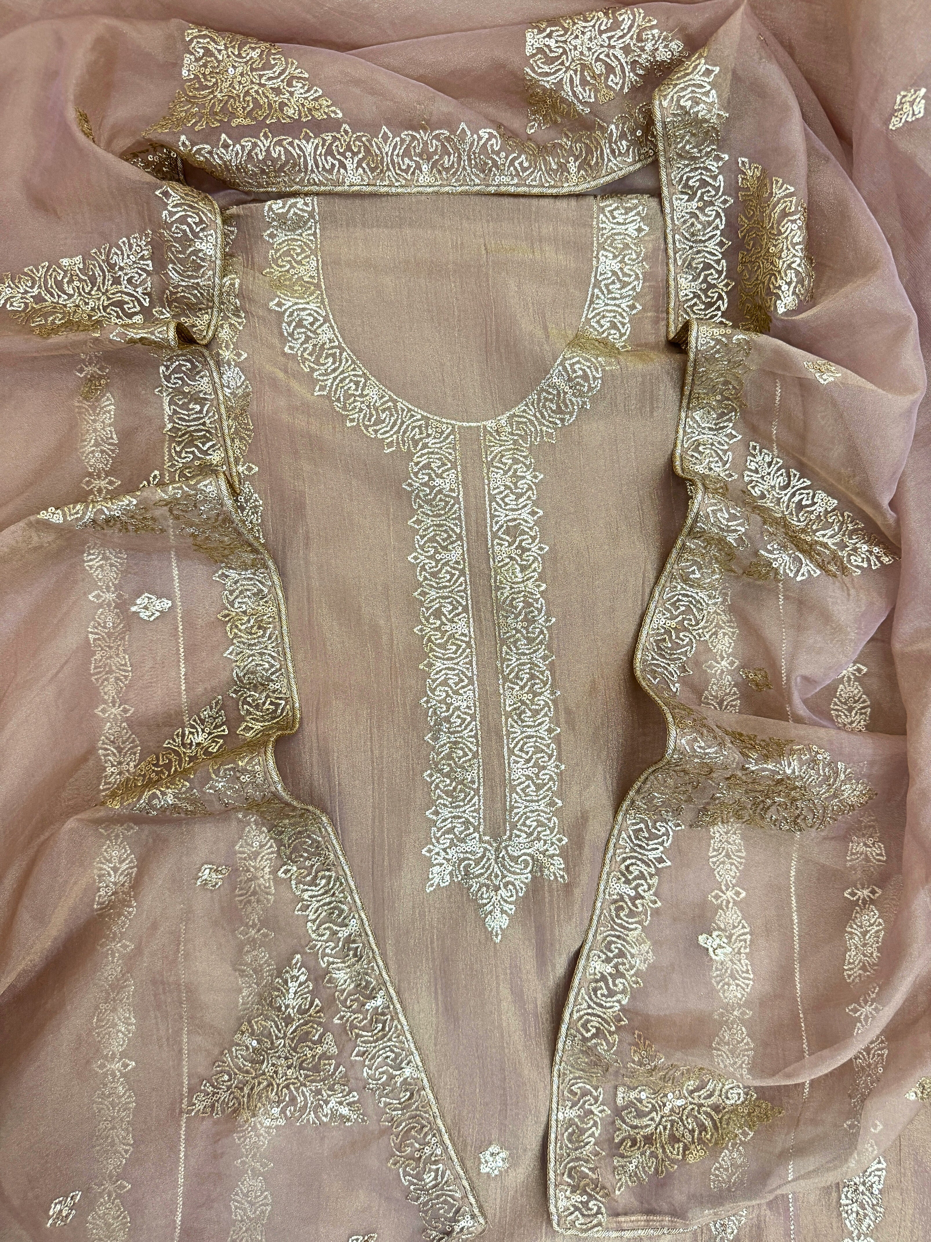 Tissue Unstitched suit with golden embroidery