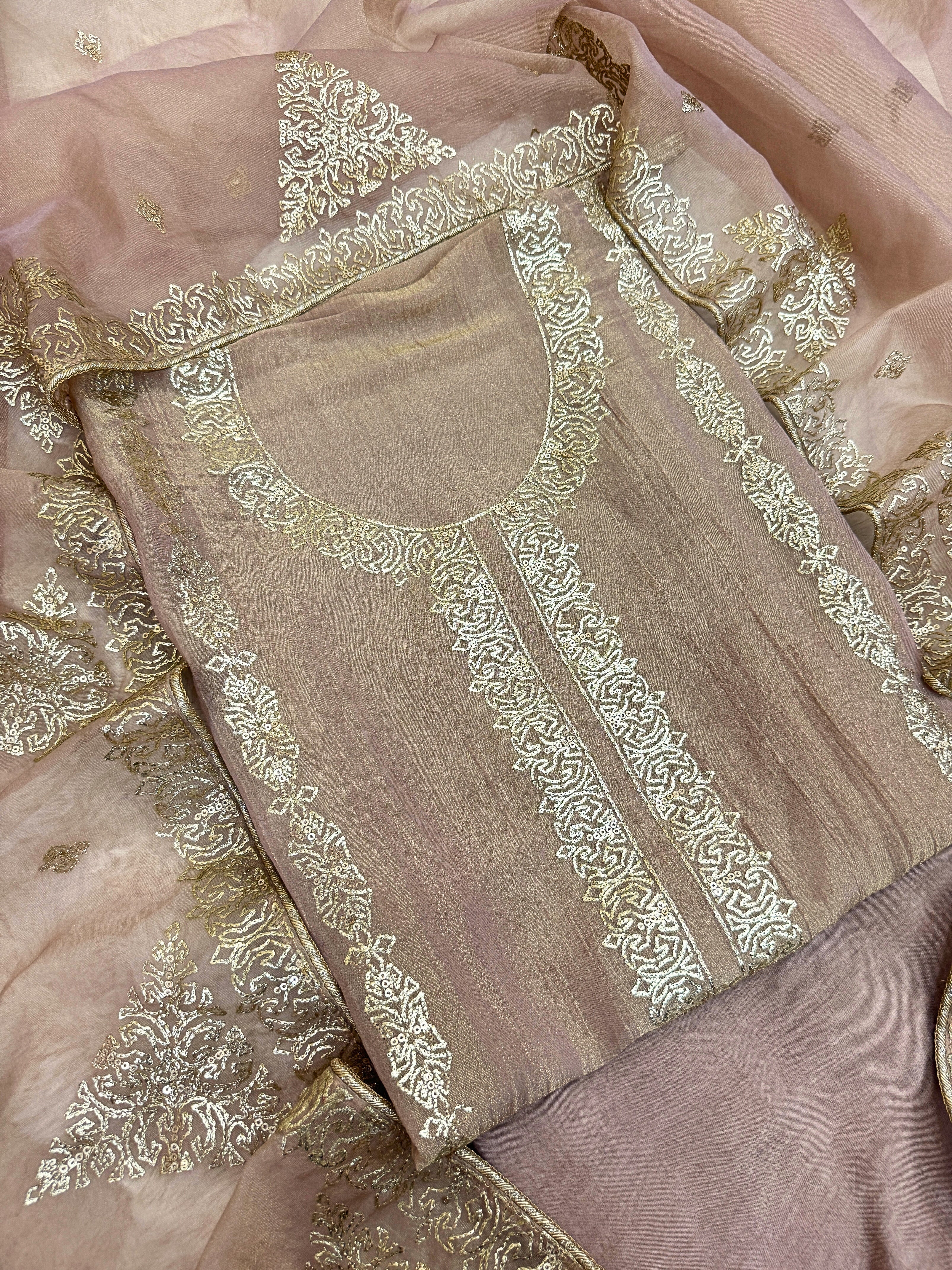 Tissue Unstitched suit with golden embroidery