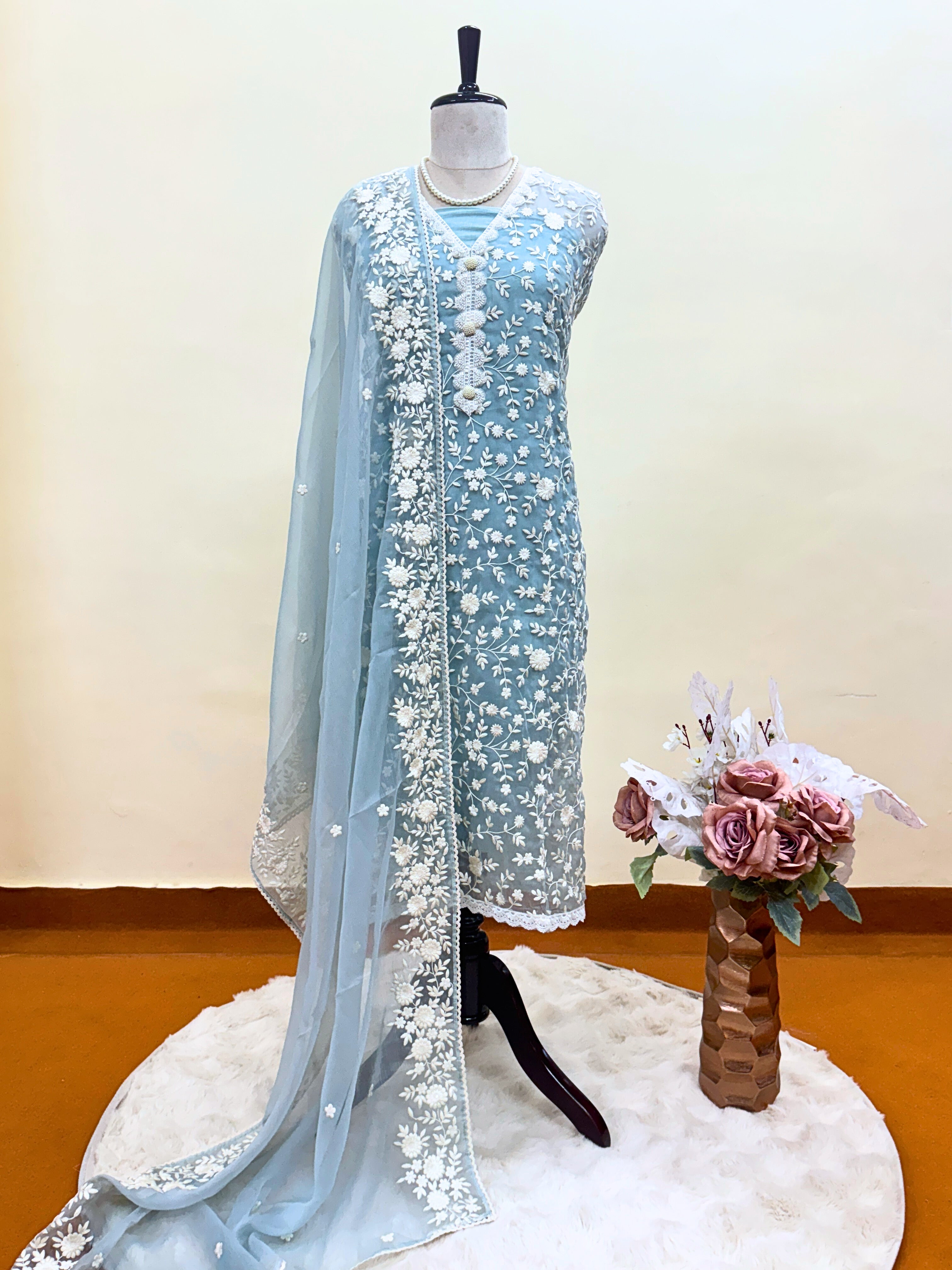 Soft chiffon unstitched suit with ivory thread embroidery