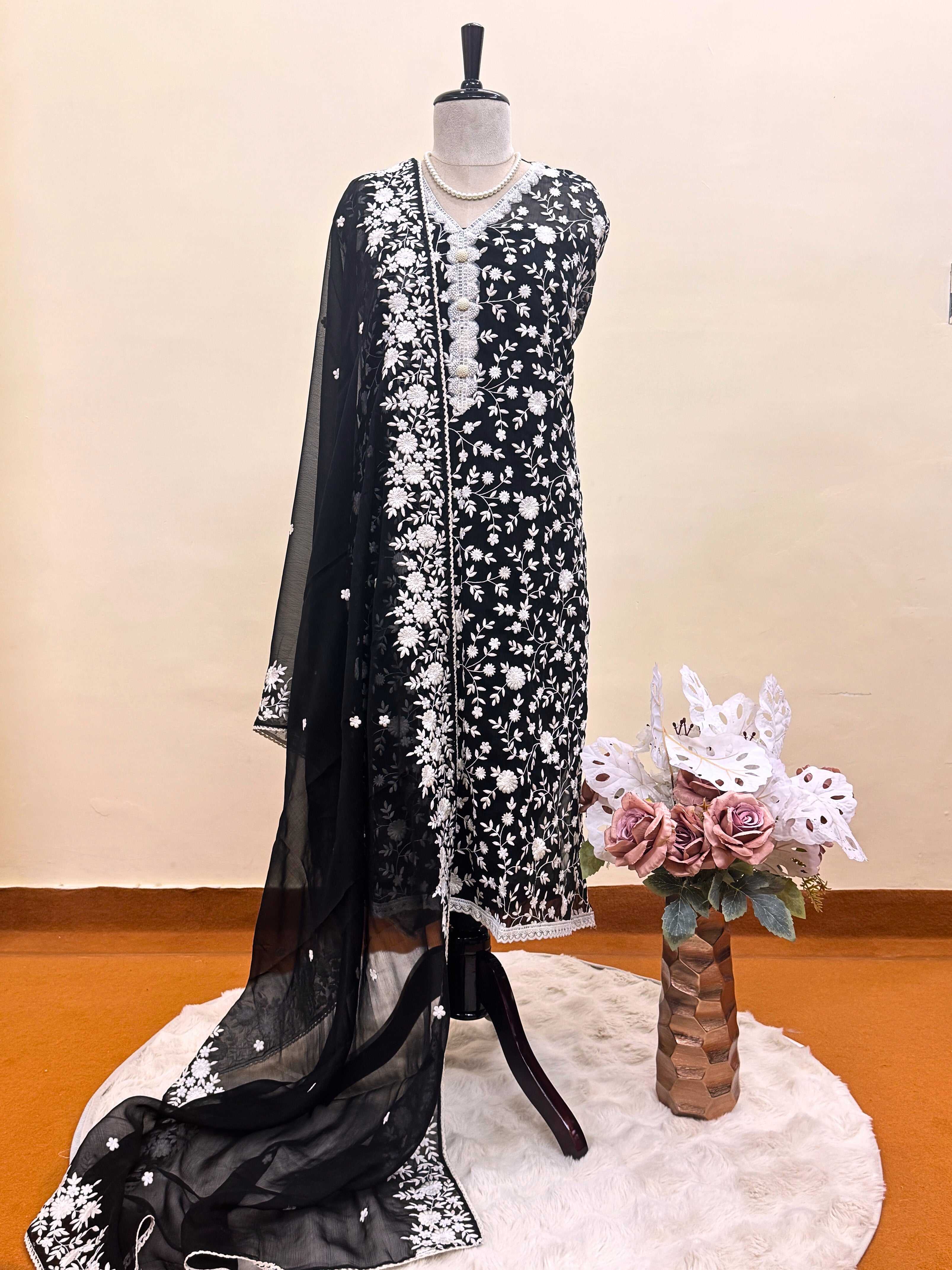 Soft chiffon unstitched suit with ivory thread embroidery