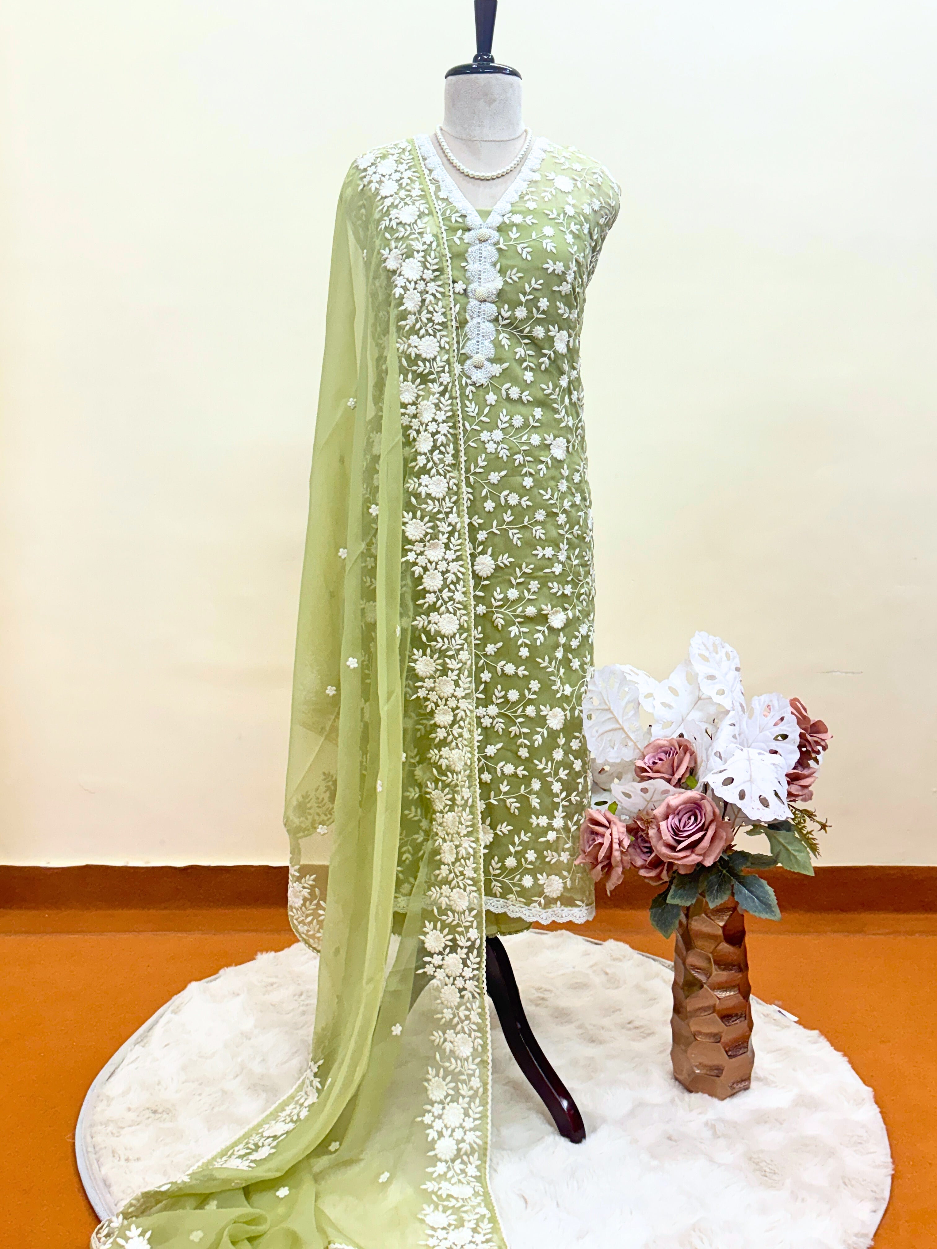 Soft chiffon unstitched suit with ivory thread embroidery