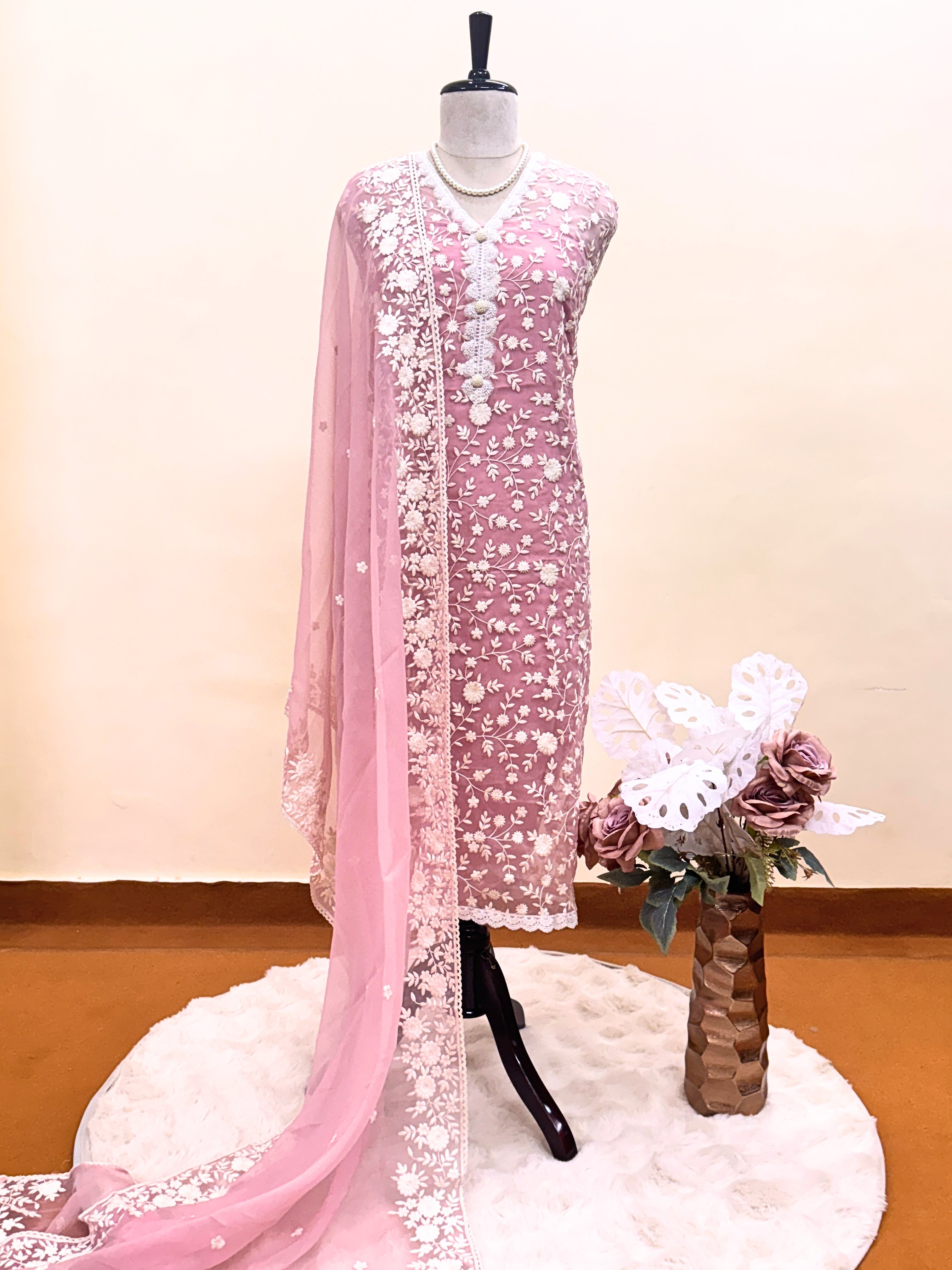 Soft chiffon unstitched suit with ivory thread embroidery