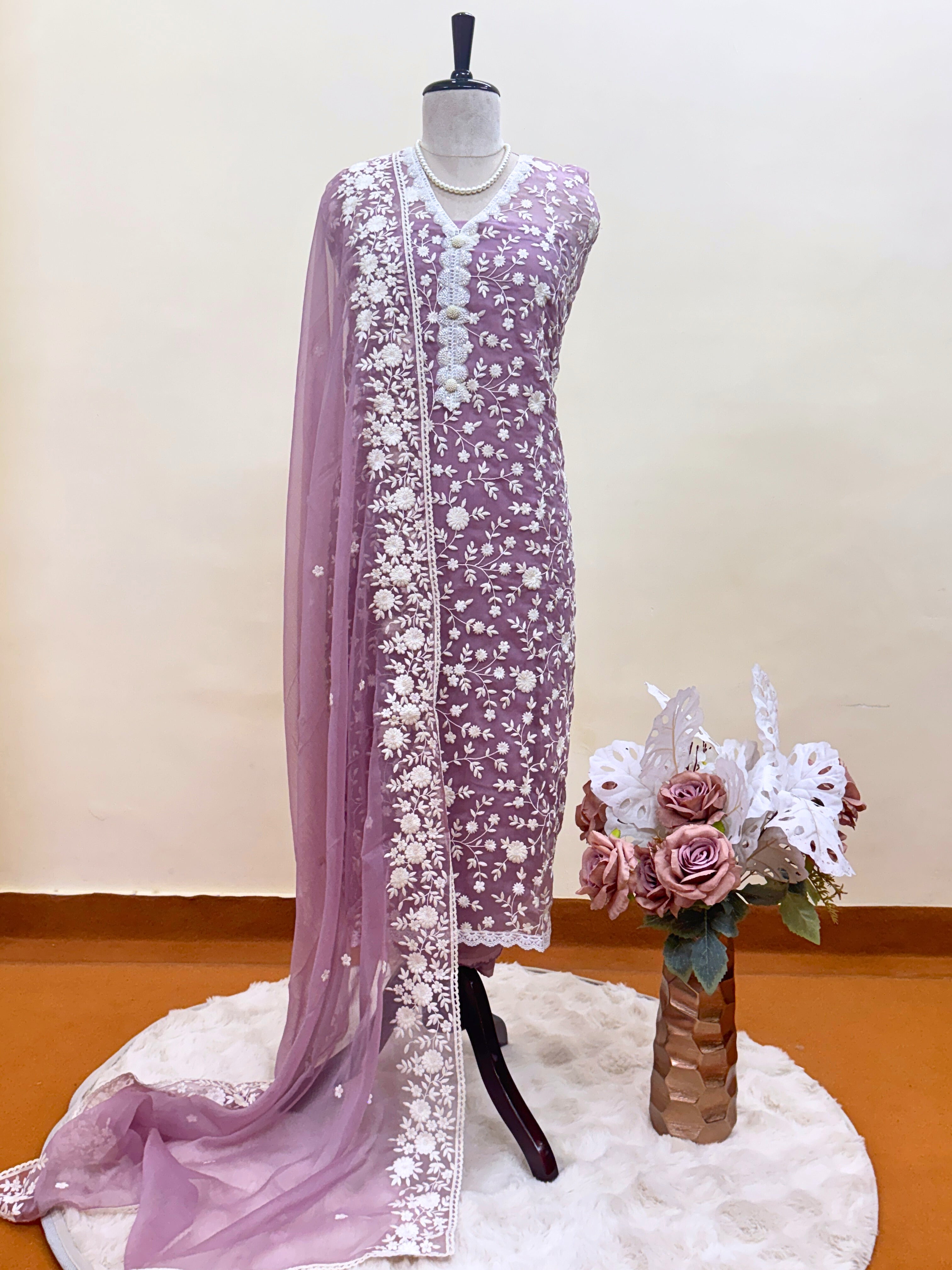 Soft chiffon unstitched suit with ivory thread embroidery