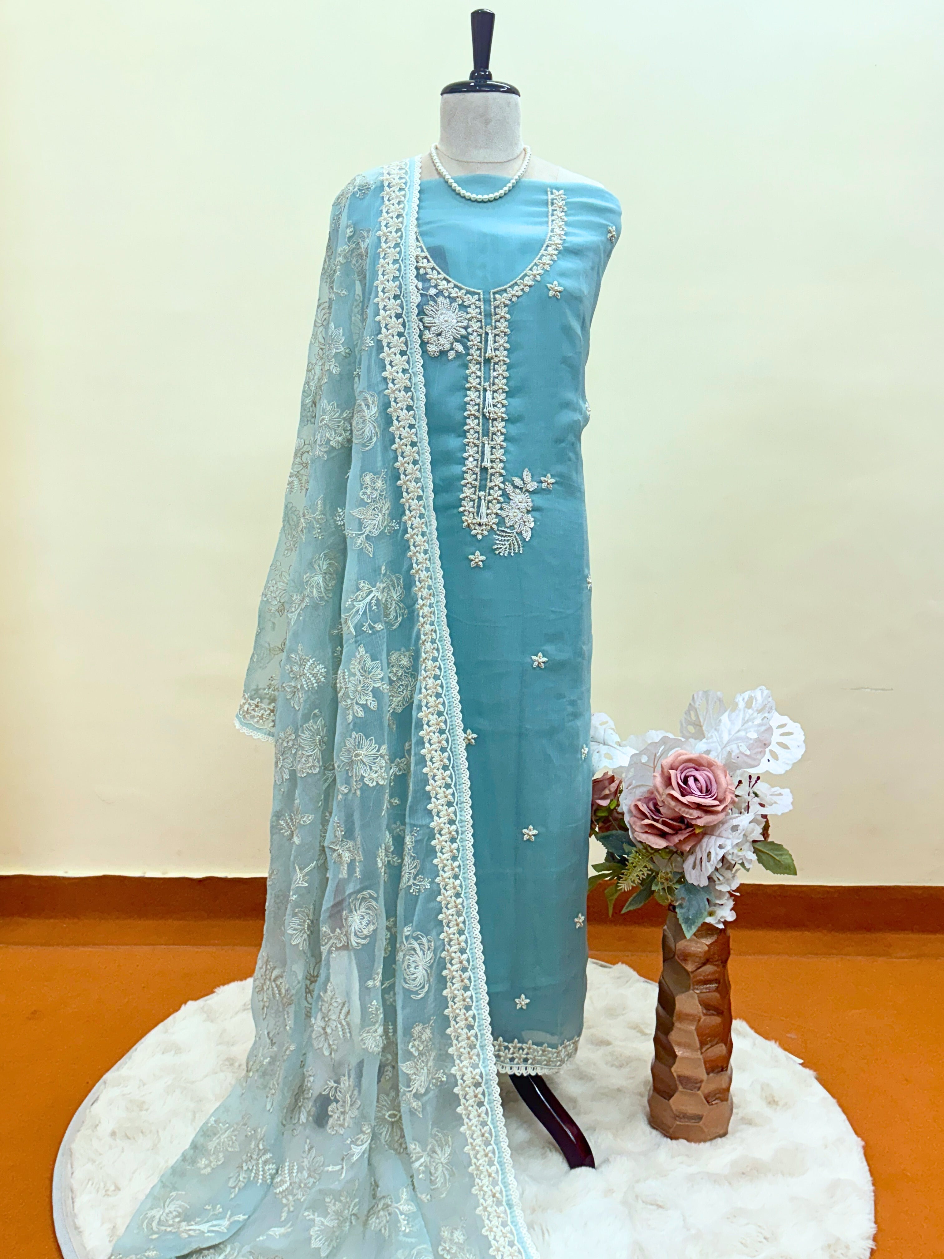 pure blue chiffon suit with organza dupatta parsi embroidory thread work and motifs