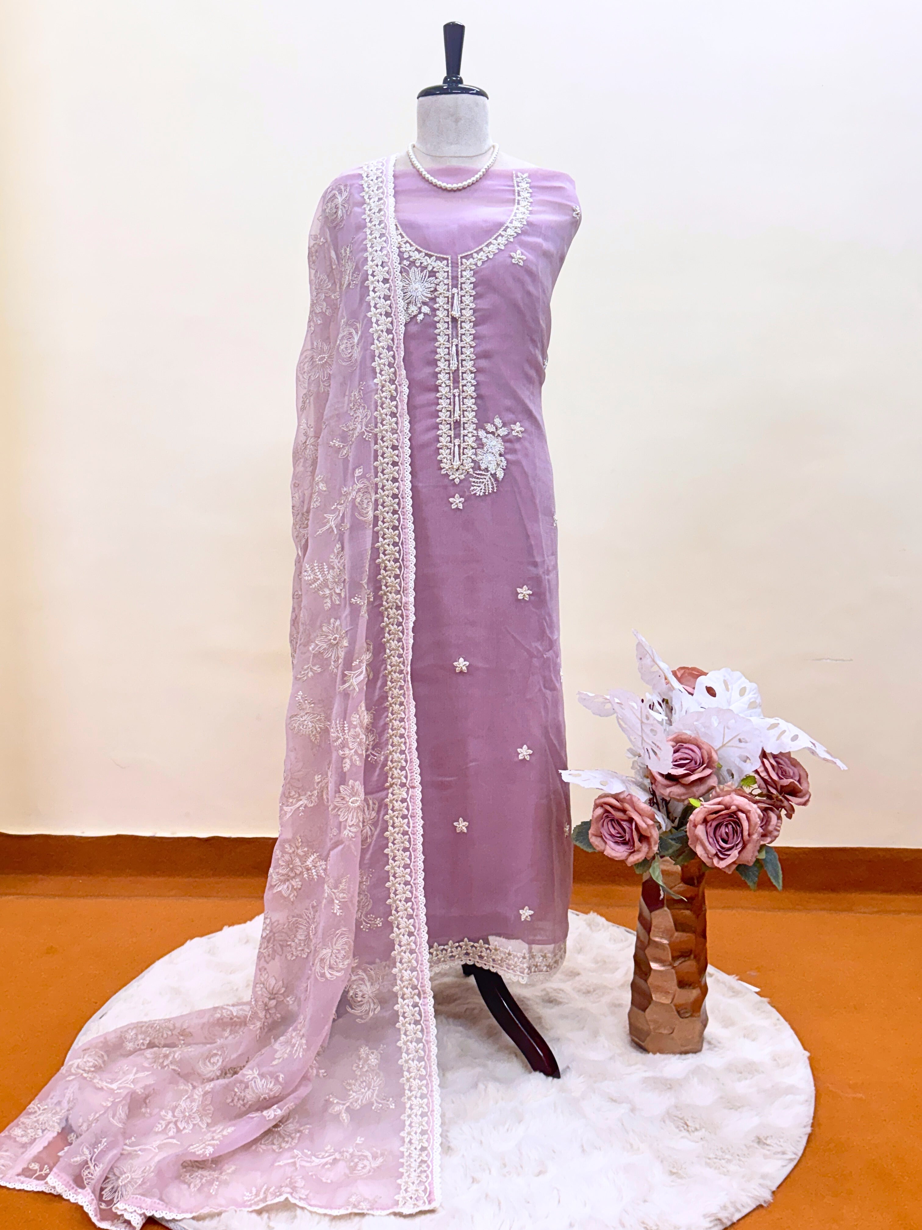 pure pink chiffon suit with organza dupatta parsi embroidory thread work and motifs