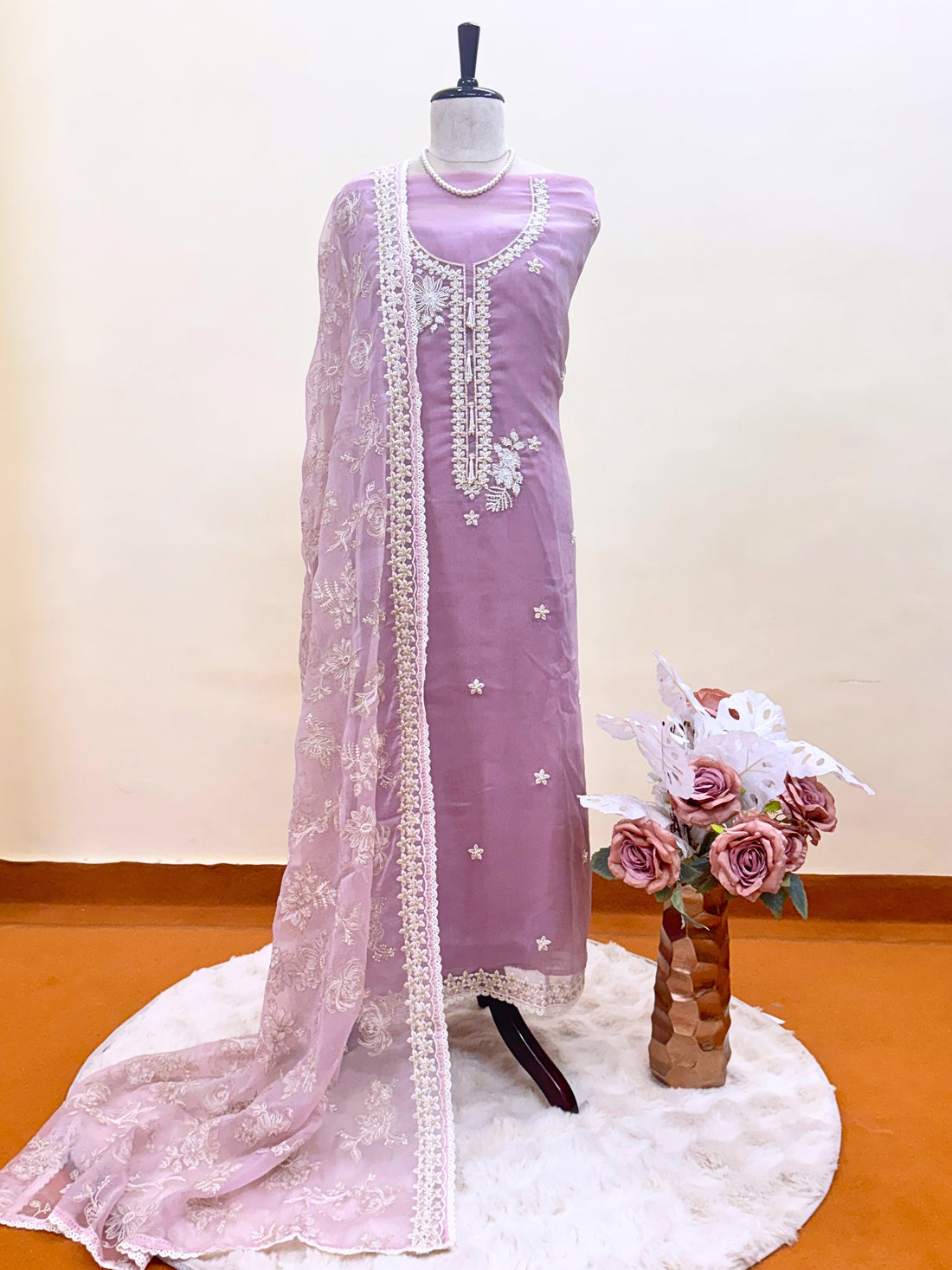pure pink chiffon suit with organza dupatta parsi embroidory thread work and motifs