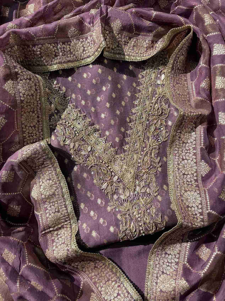 Lavender organza suit with Banarasi booti embroidery and zari neckline – The Zareesh