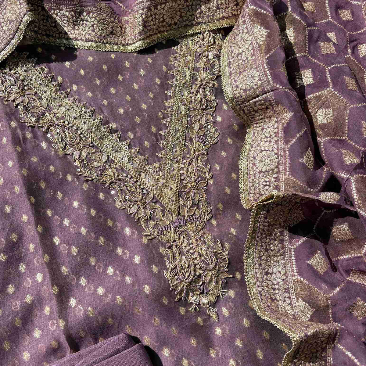 Lavender Banarasi Booti Organza Suit with Handworked Neckline & Banara ...