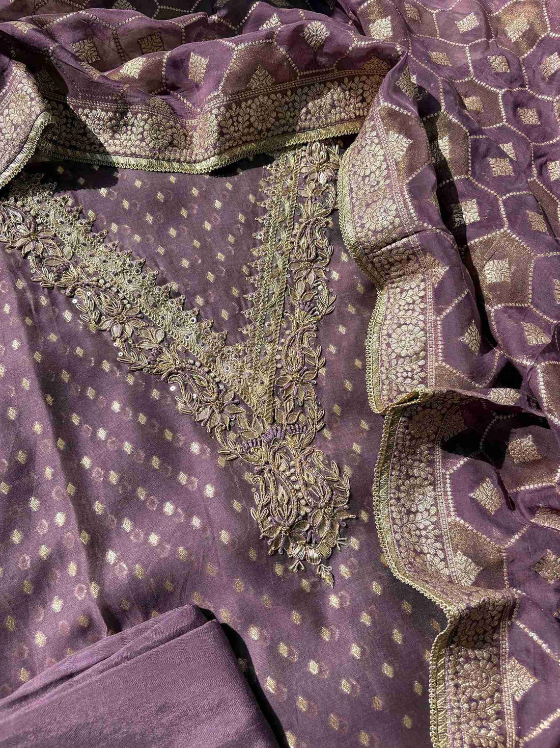 Lavender unstitched organza suit paired with rich Banarasi dupatta