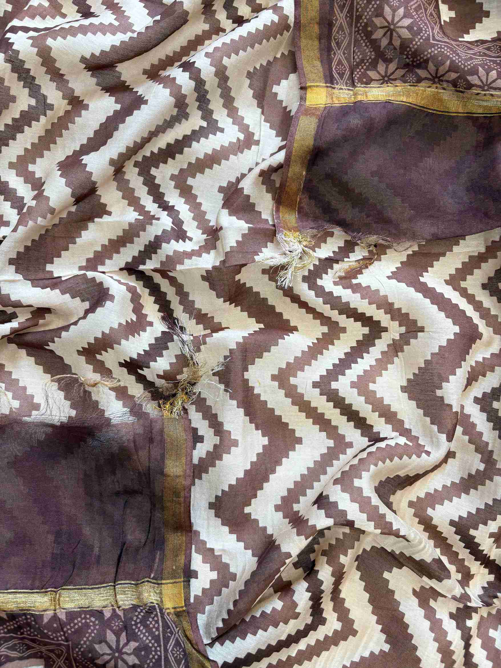 Maheshwari silk dress material with patterned dupatta in brown beige tones