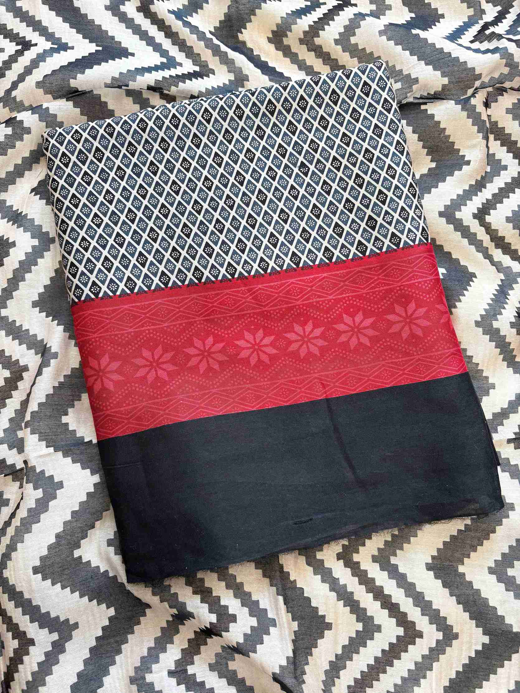 Maheshwari silk dress material with patterned dupatta in Red and Black tones
