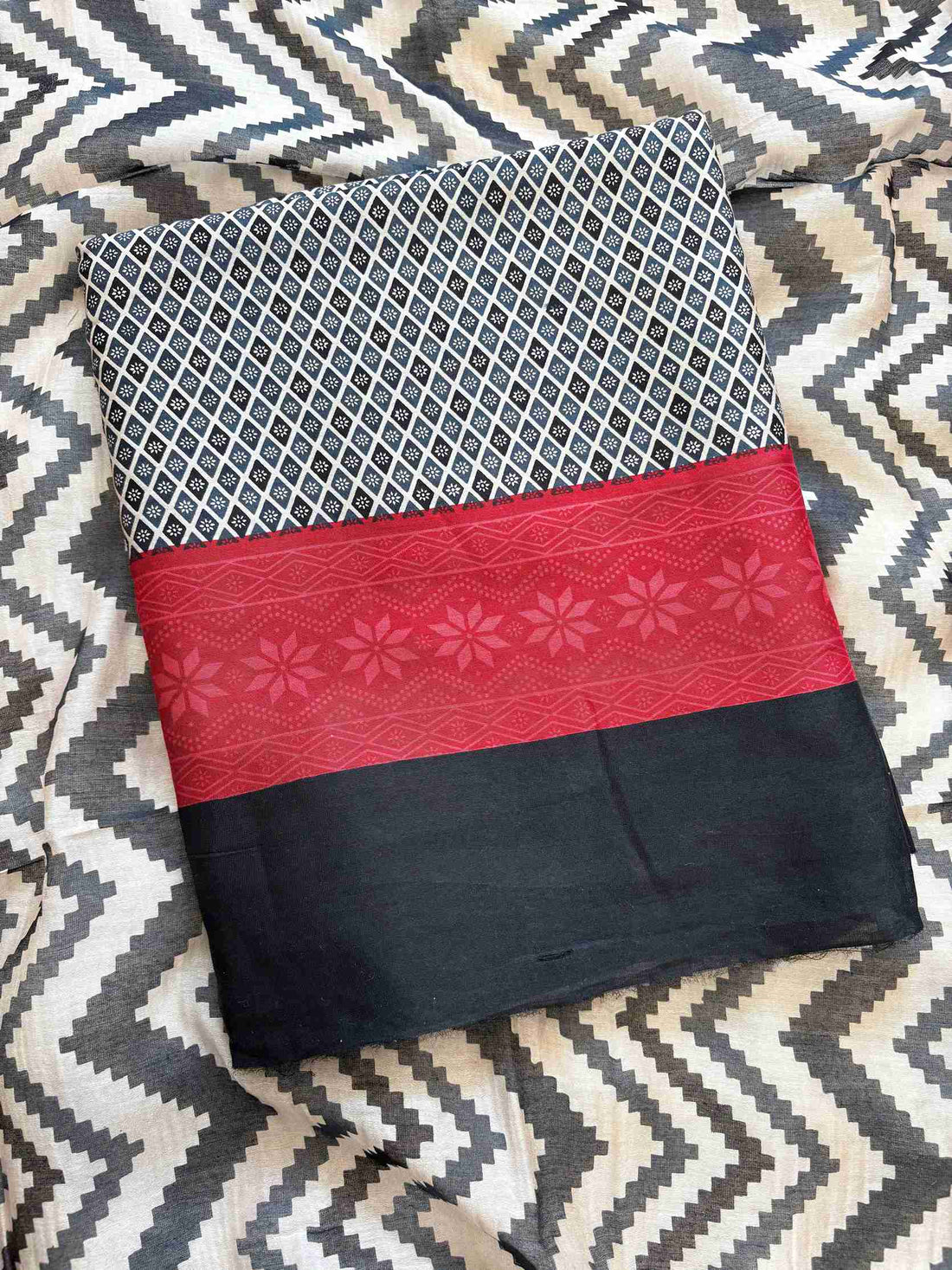 Maheshwari silk dress material with patterned dupatta in Red and Black tones