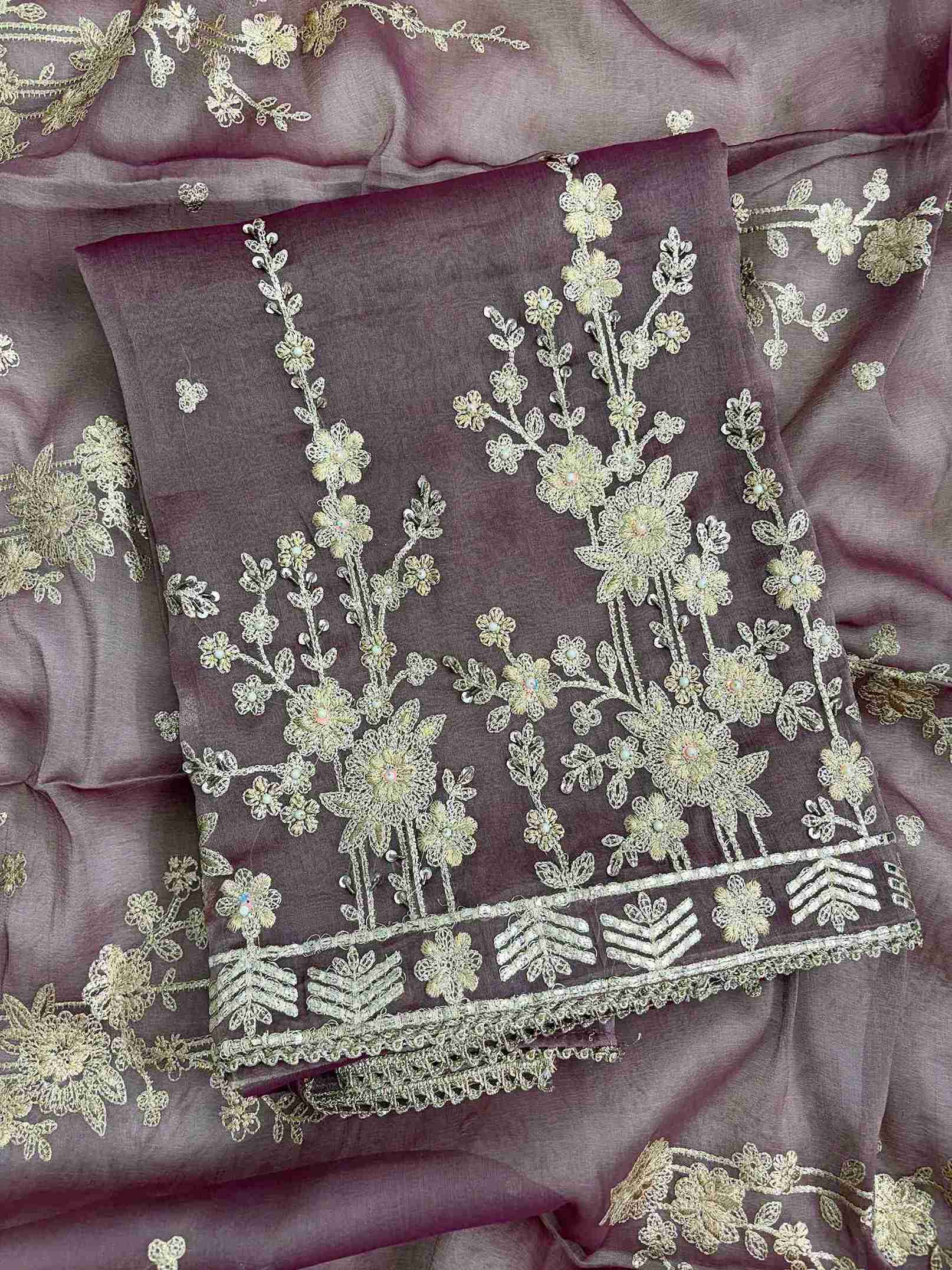 Muted mauve tissue shirt U neckline with fine gota detailing