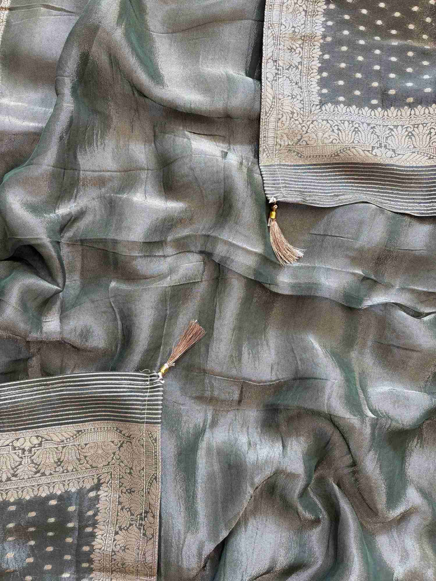 Olive green organza partywear suit and banarasi dupatta