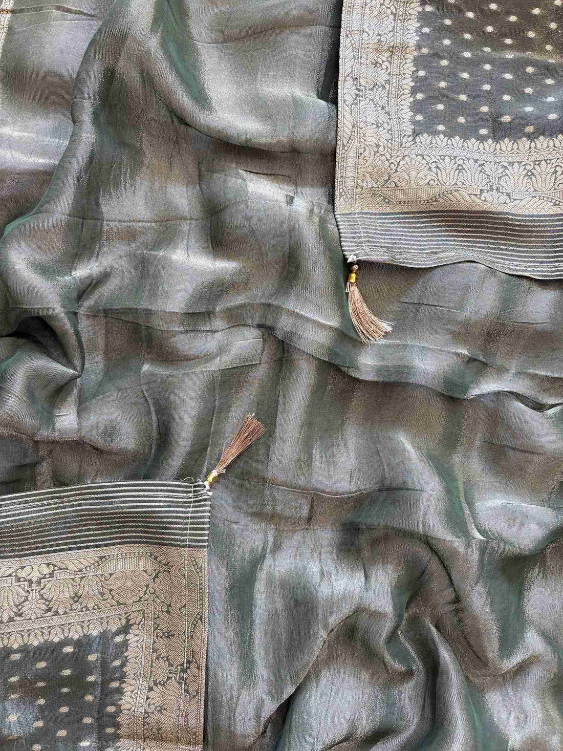 Olive green organza partywear suit and banarasi dupatta