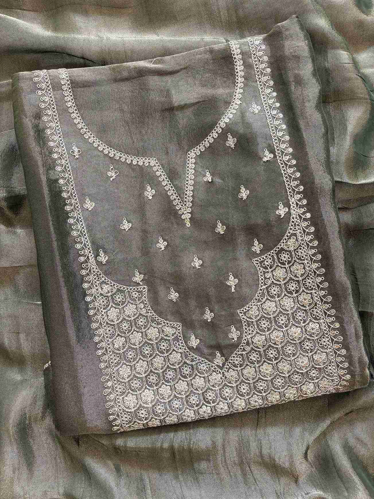 Olive green organza suit with zari embroidered neckline