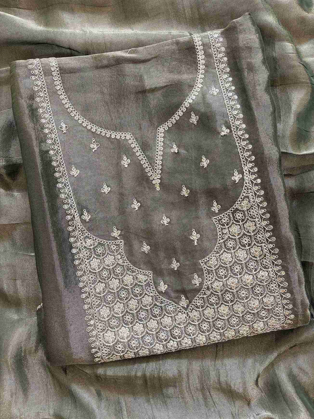 Olive green organza suit with zari embroidered neckline