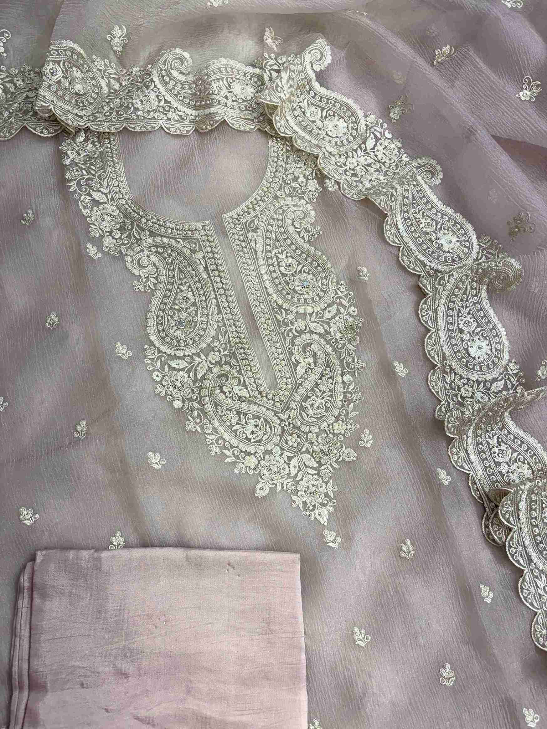 Pink opada silk bottom fabric detail paired with marble chiffon suit