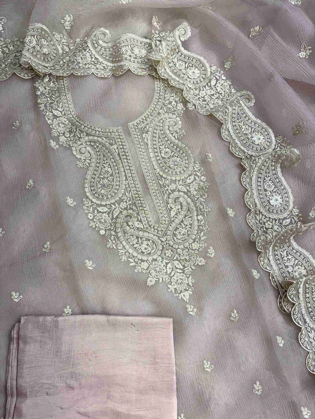 Pink opada silk bottom fabric detail paired with marble chiffon suit