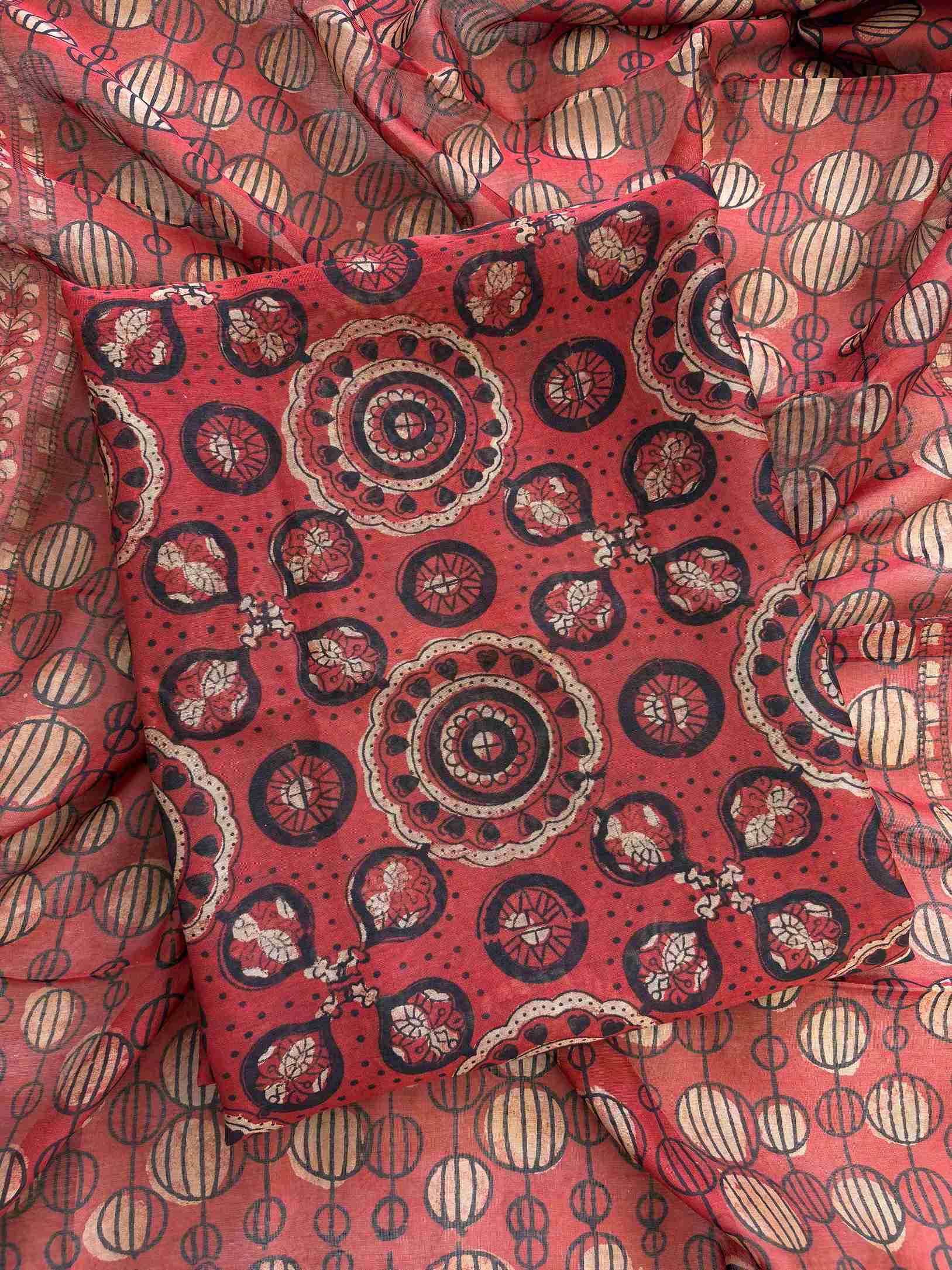 Red Maheshwari silk unstitched suit with Jaipuri hand block print
