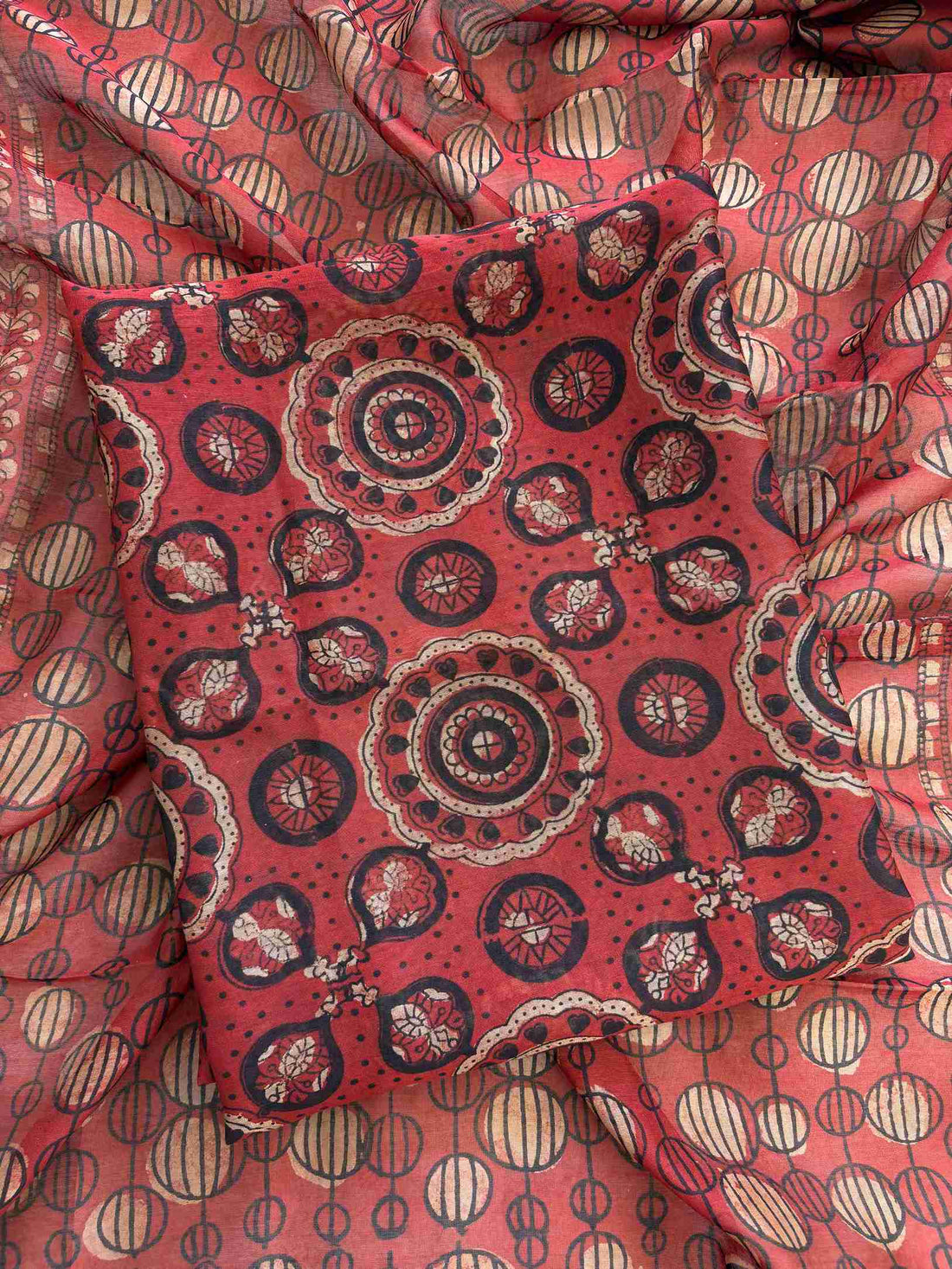 Red Maheshwari silk unstitched suit with Jaipuri hand block print