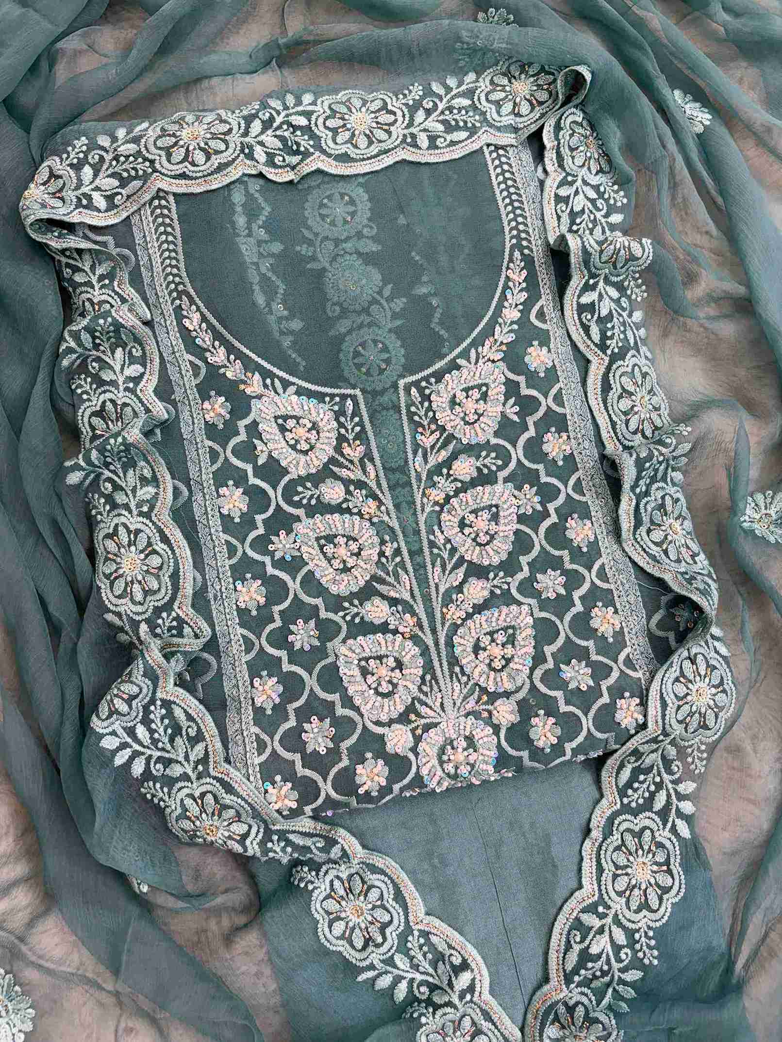 Teal chikankari georgette unstitched suit set with chiffon dupatta