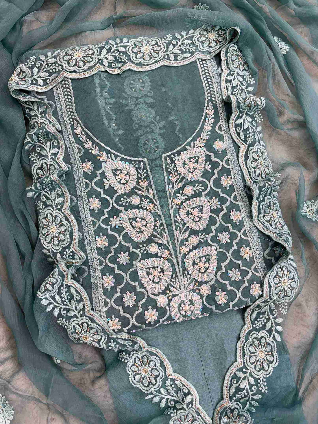 Teal chikankari georgette unstitched suit set with chiffon dupatta