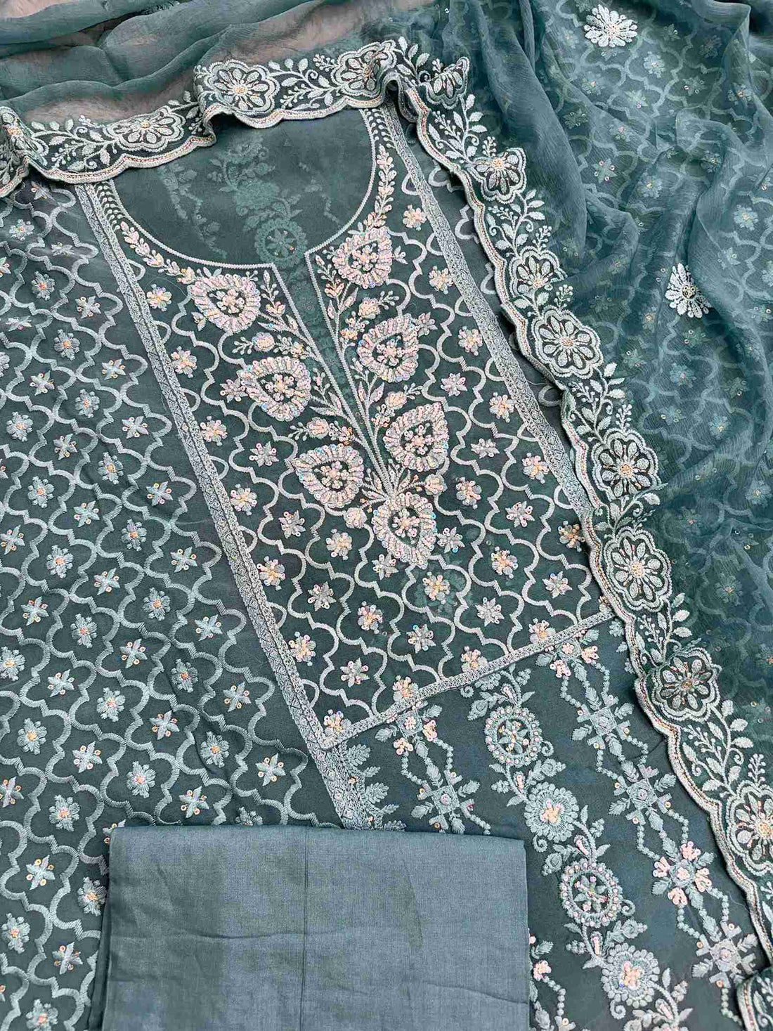 Teal cotton silk bottom fabric for unstitched suit set