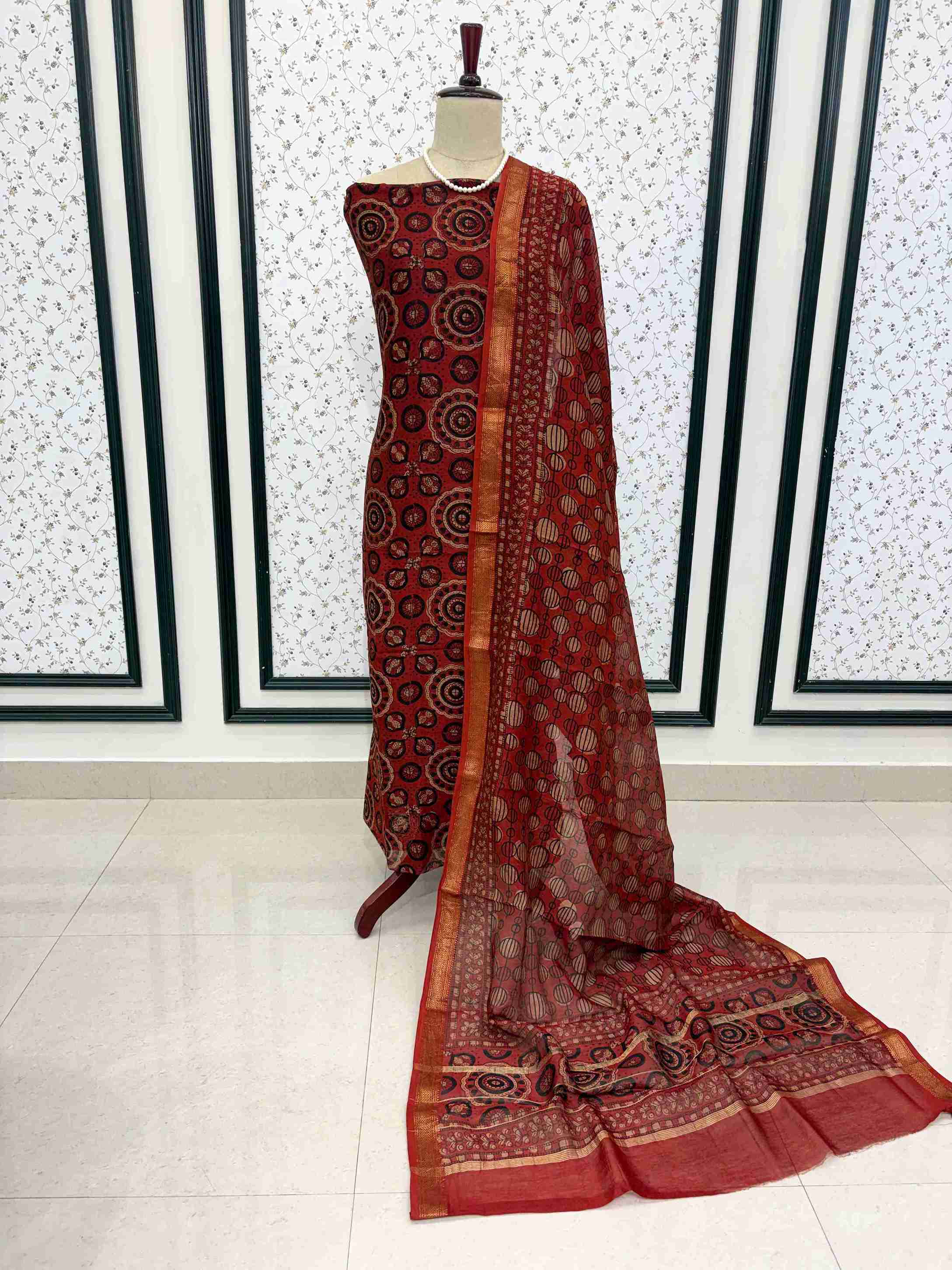 Unstitched Maheshwari silk suit with traditional Rajasthani print