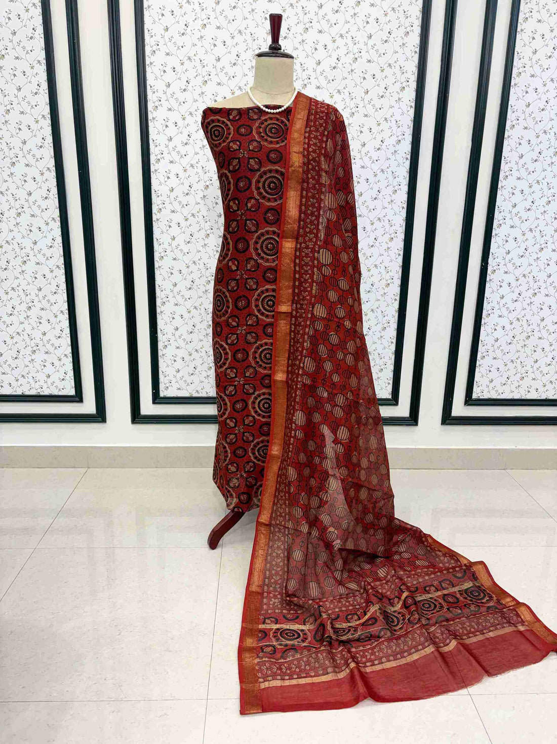 Unstitched Maheshwari silk suit with traditional Rajasthani print