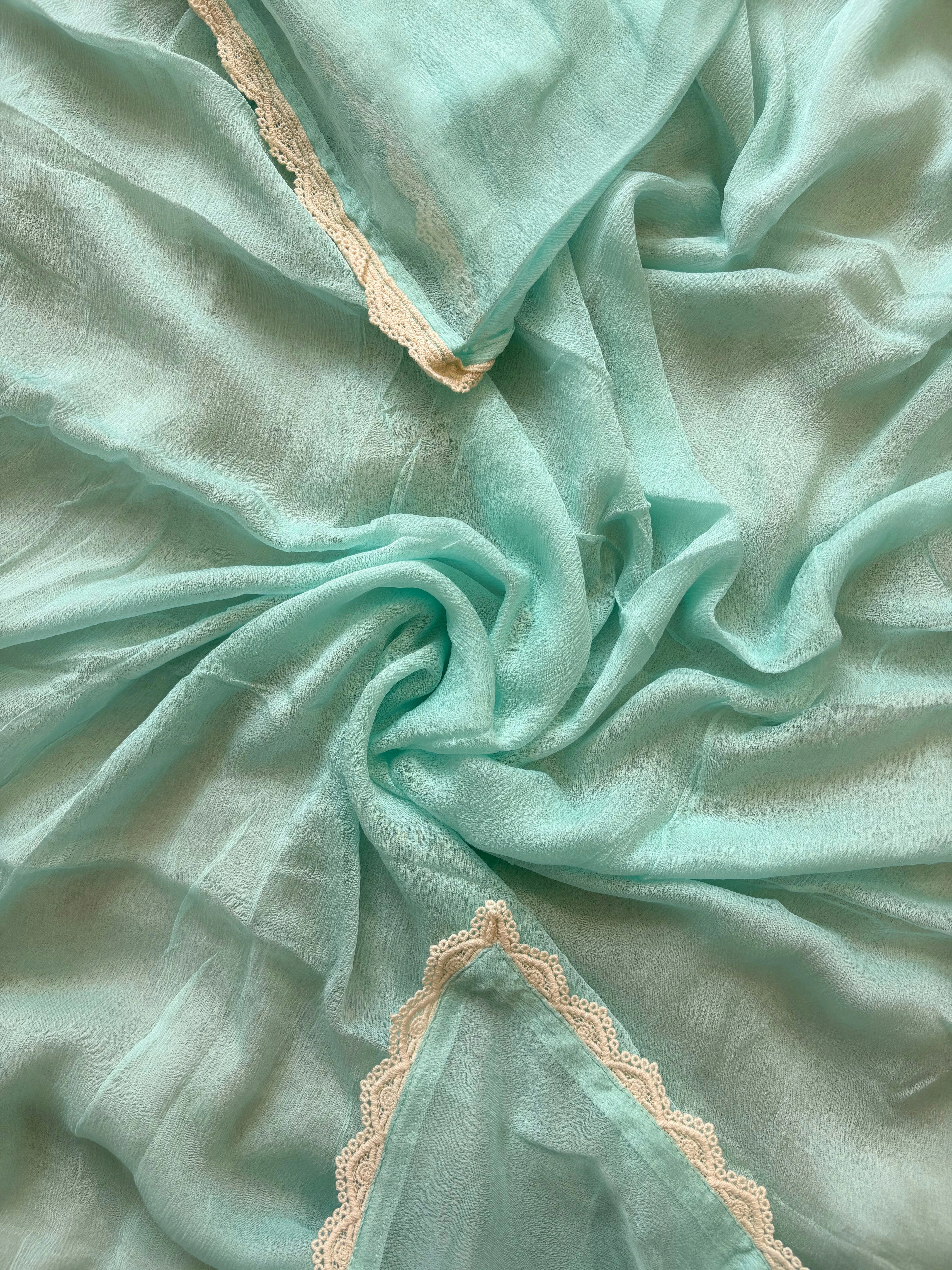 Pastel Aqua Schiffli Cotton Suit with Lace Accents & Pearl Embroidery | Summer Festive Lawn Collection