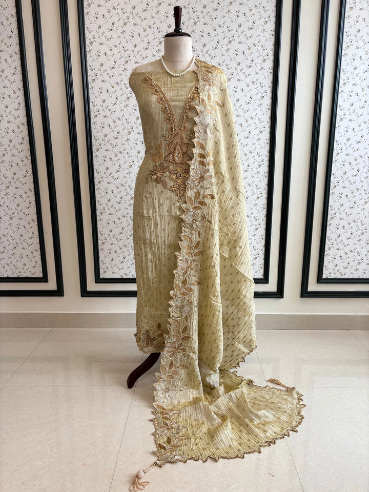 Shimmer tissue golden party wear unstitched suit - The Zareesh