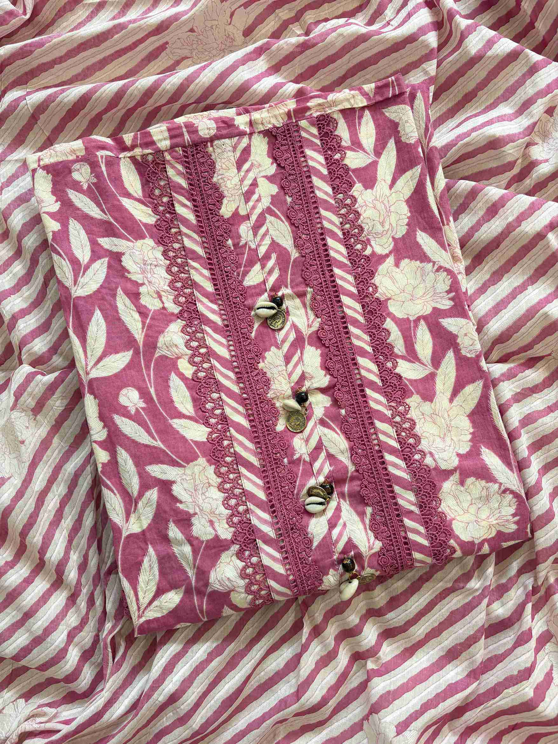 Cotton with lace work unstitched suit- The Zareesh