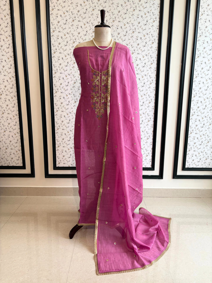 Elegant Pink Mal Cotton Suit with Bead Embellished Neckline