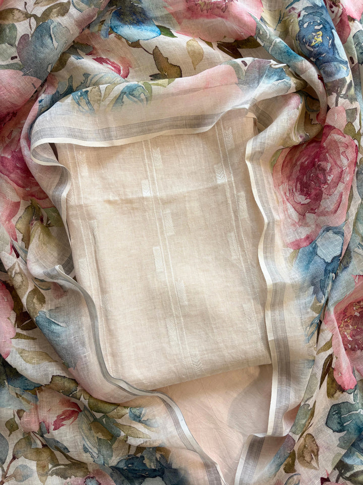 ivory linen suit with minimal white thread embroidery on kurta and floral digital printed dupatta, perfect for summer events and festive daywear.