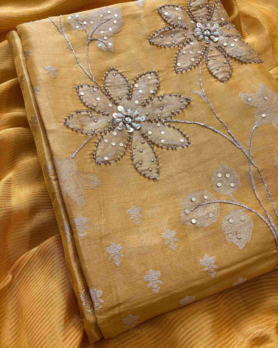 Shimmer Tissue unstitched suit in Yellow color- The Zareesh