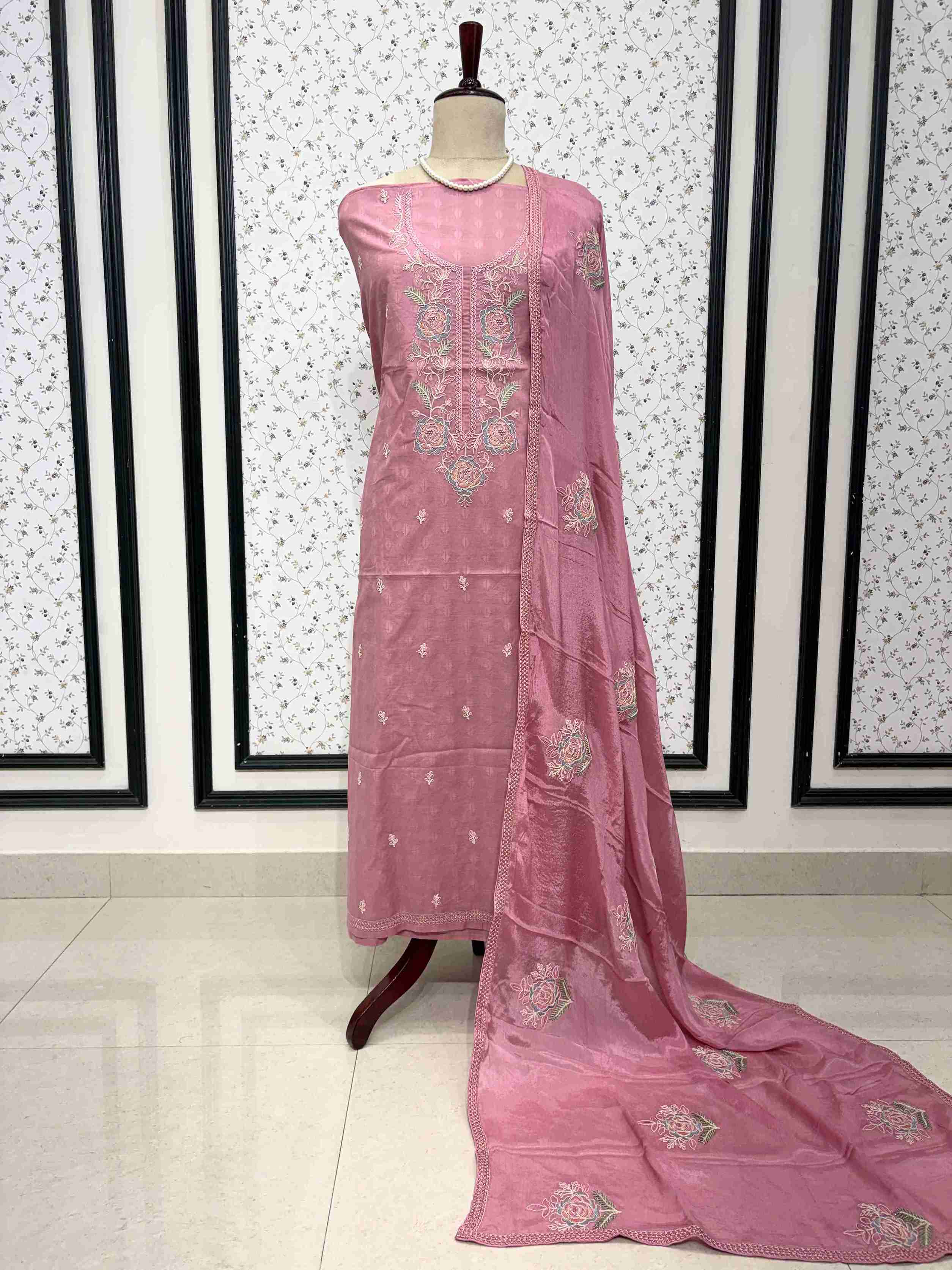 Pink Cotton Unstitched Suit with Floral Embroidery Neckline