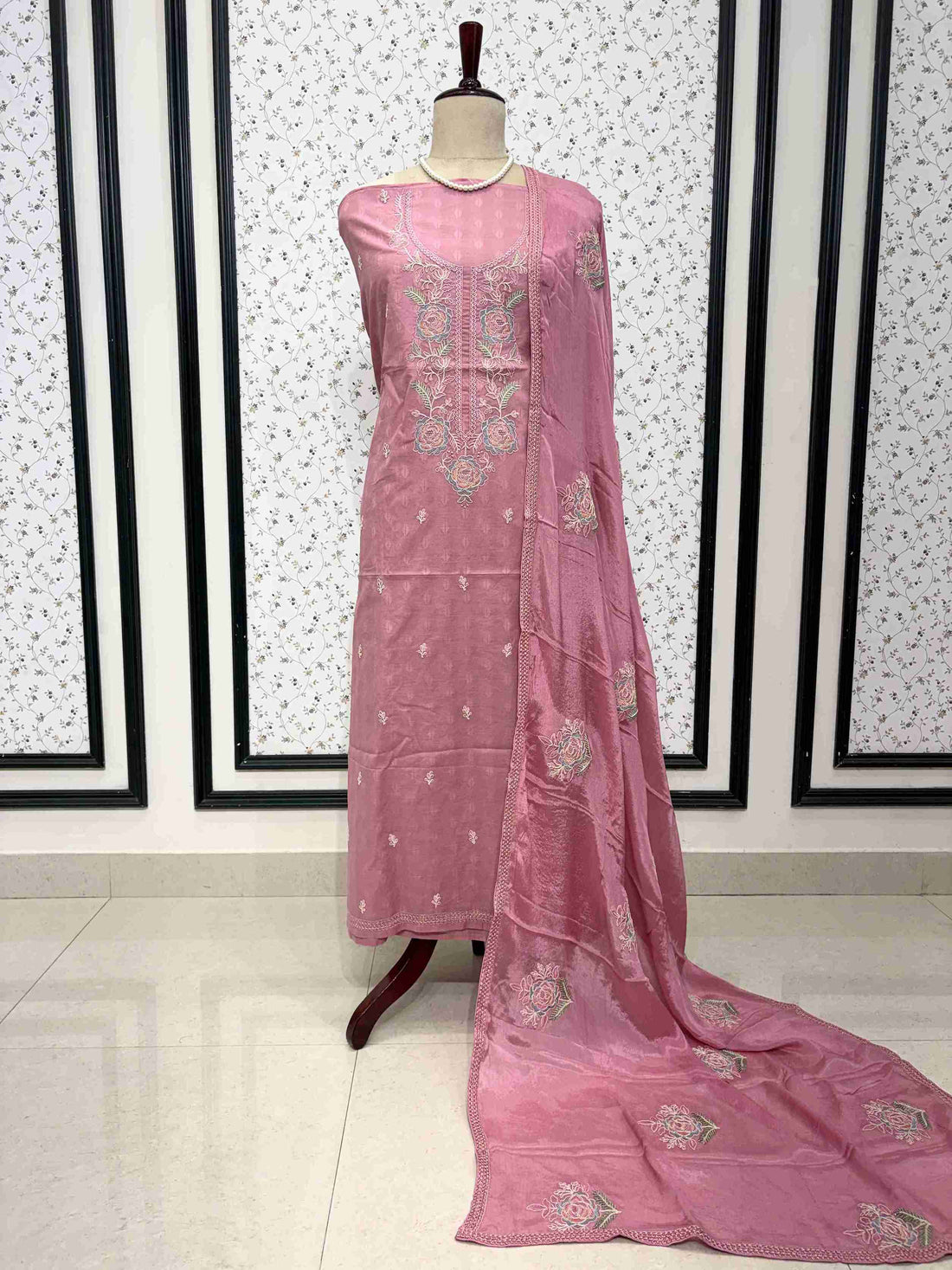 Pink Cotton Unstitched Suit with Floral Embroidery Neckline