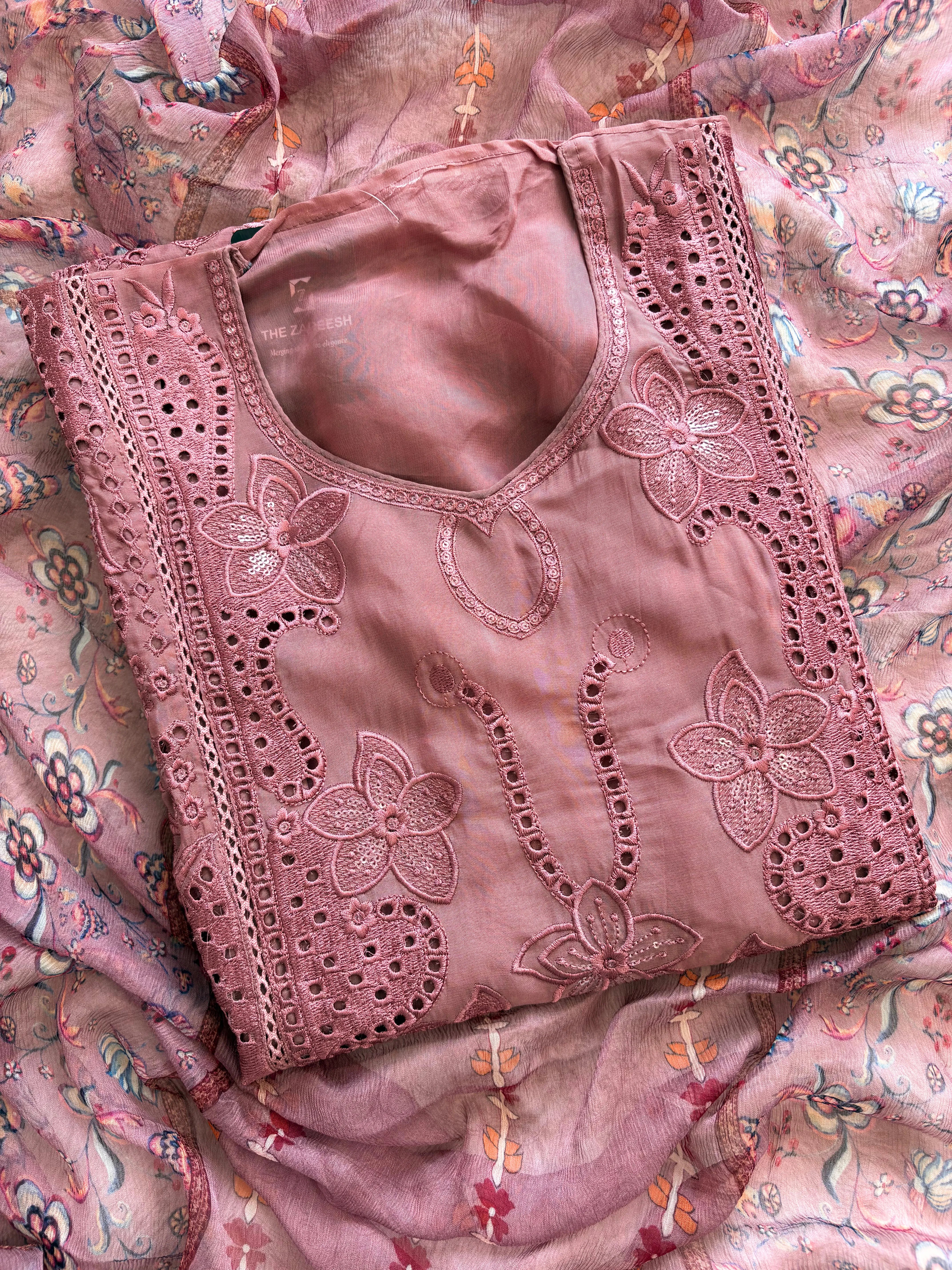 Soft Pink Organza unstitched suit with kashida work - The Zareesh