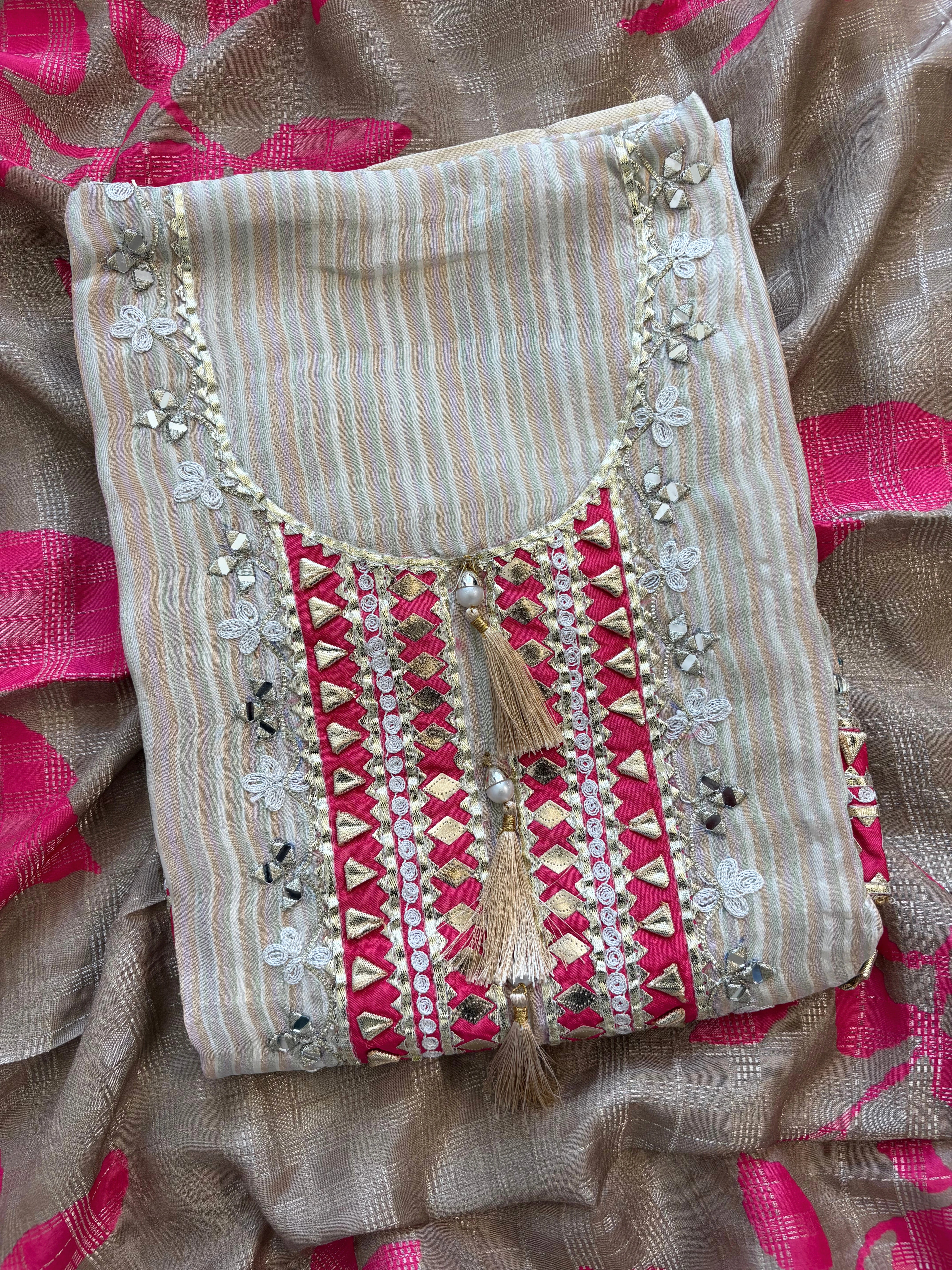 Beige & Pink Shimmer Organza Suit with Gotta Patti Embroidery