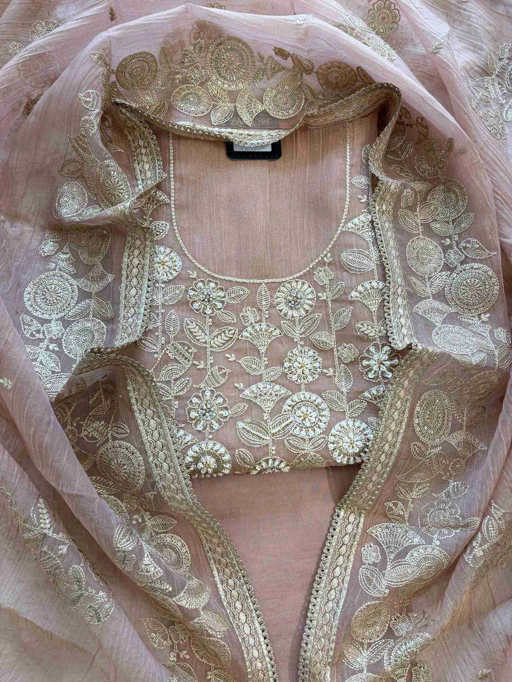 Blush Pink Crush Tissue Unstitched Suit with Pitta Work Neckline