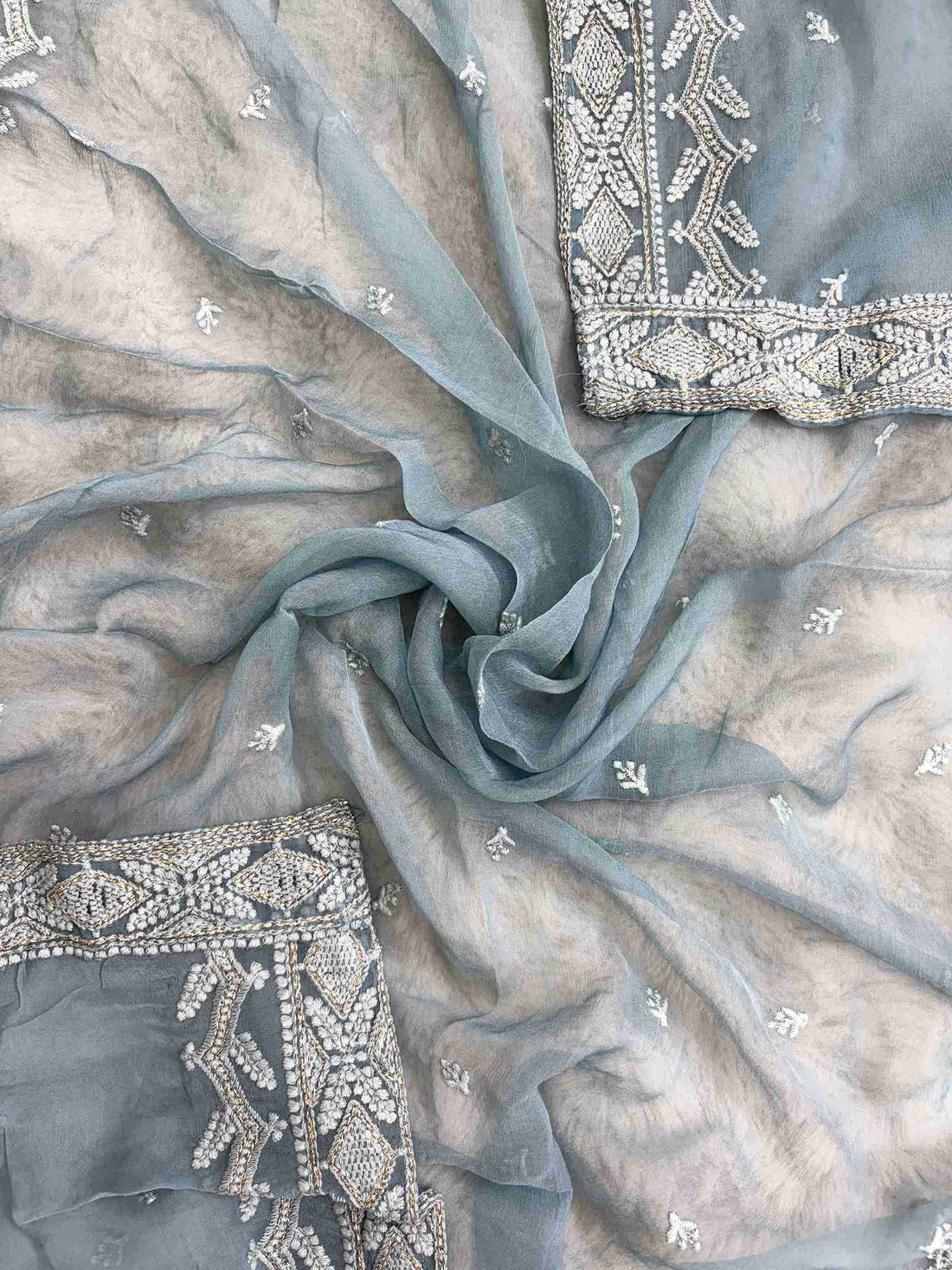 Dusty teal chiffon dupatta with embroidered border and delicate all-over motifs