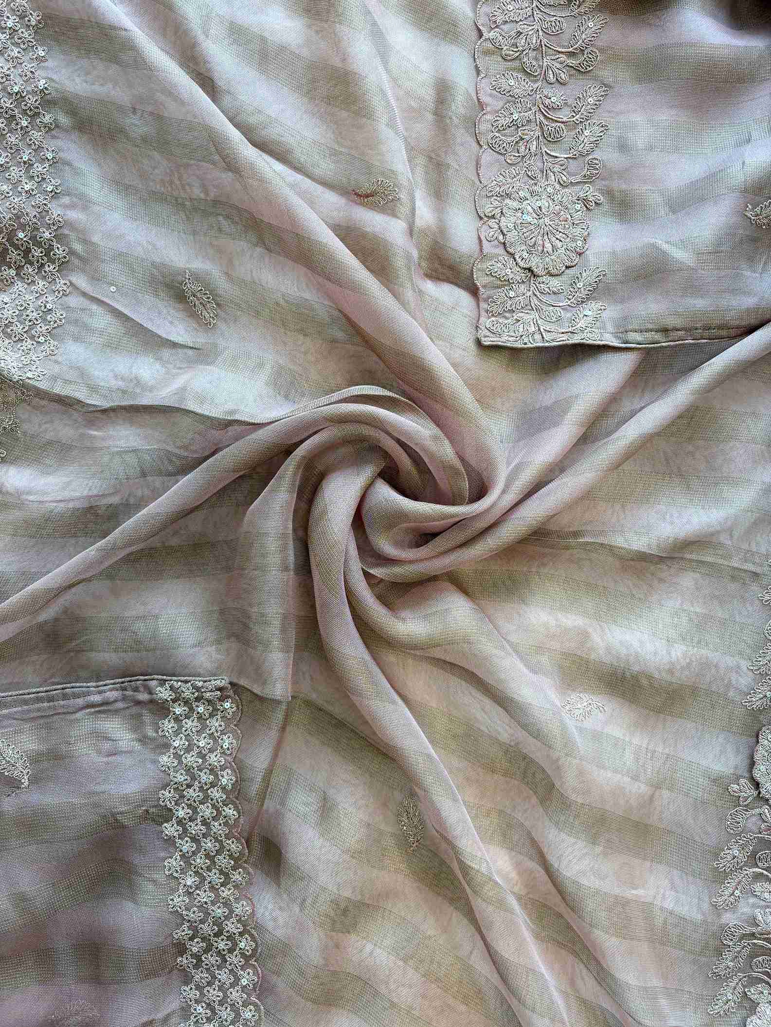 Tissue Unstitched Suit with Heavy Dori Work Neckline and Hemline