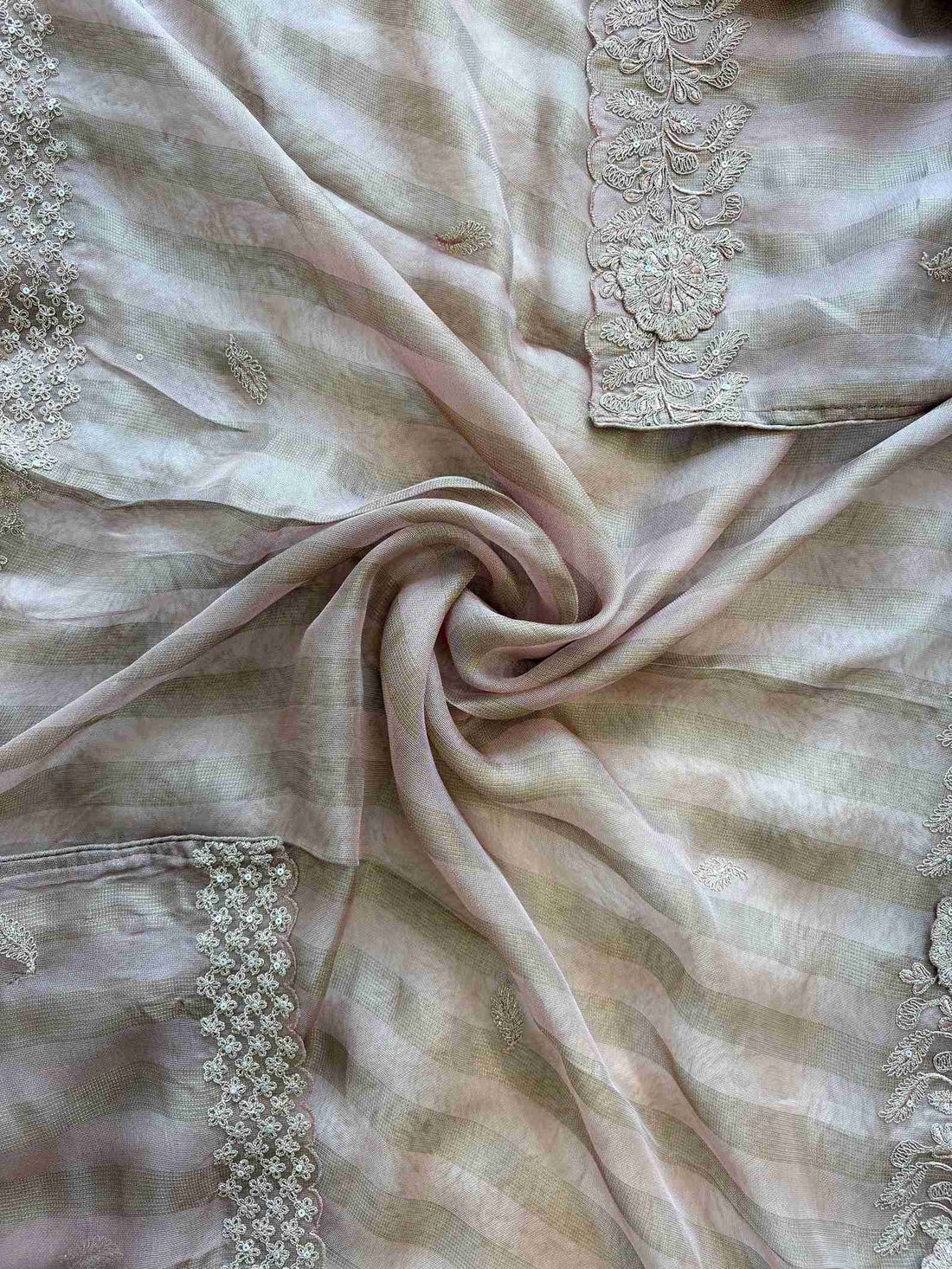 Tissue Unstitched Suit with Heavy Dori Work Neckline and Hemline