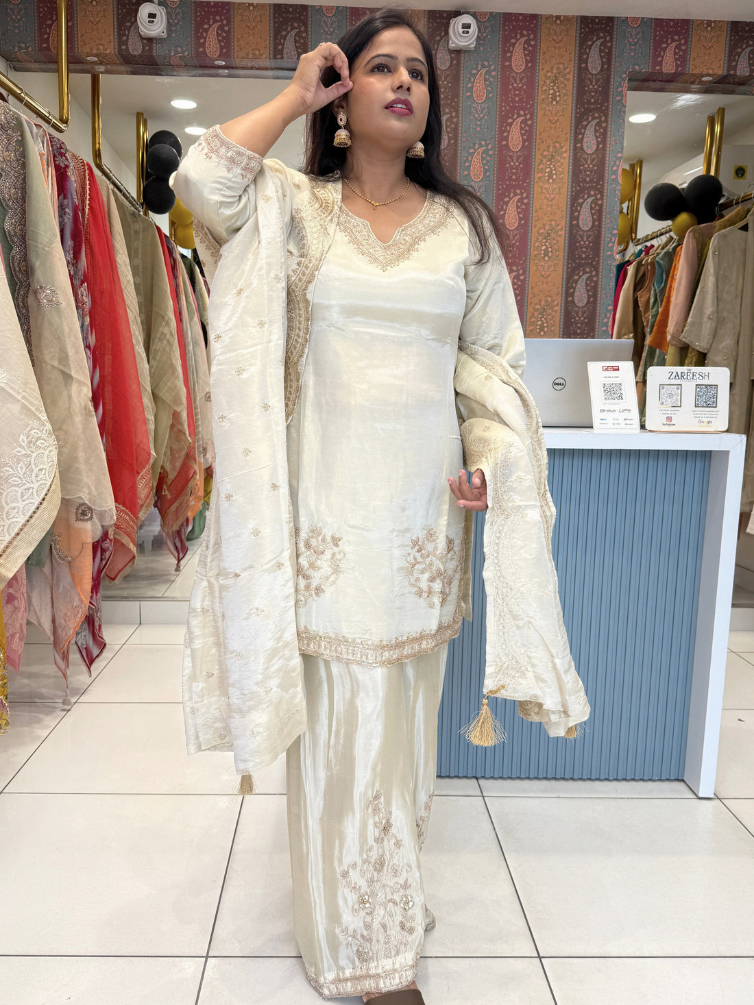 Ivory Silk Embroidered Suit Set with Gold Zari and Beadwork | 3 Piece Kurta Palazzo Dupatta Set