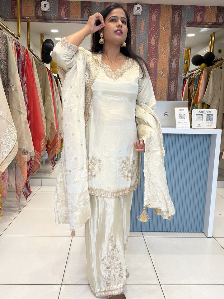 Ivory Silk Embroidered Suit Set with Gold Zari and Beadwork | 3 Piece Kurta Palazzo Dupatta Set